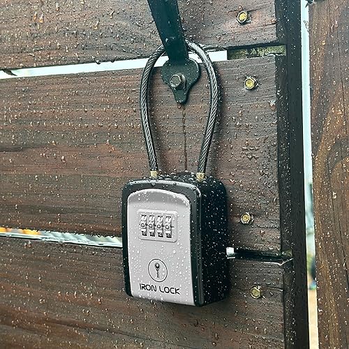 Miniatura 7 de Iron Lock ® - Caja de bloqueo de llaves portátil con grillete de cable extraíble para interiores y exteriores, impermeable, combinación de 4 dígitos