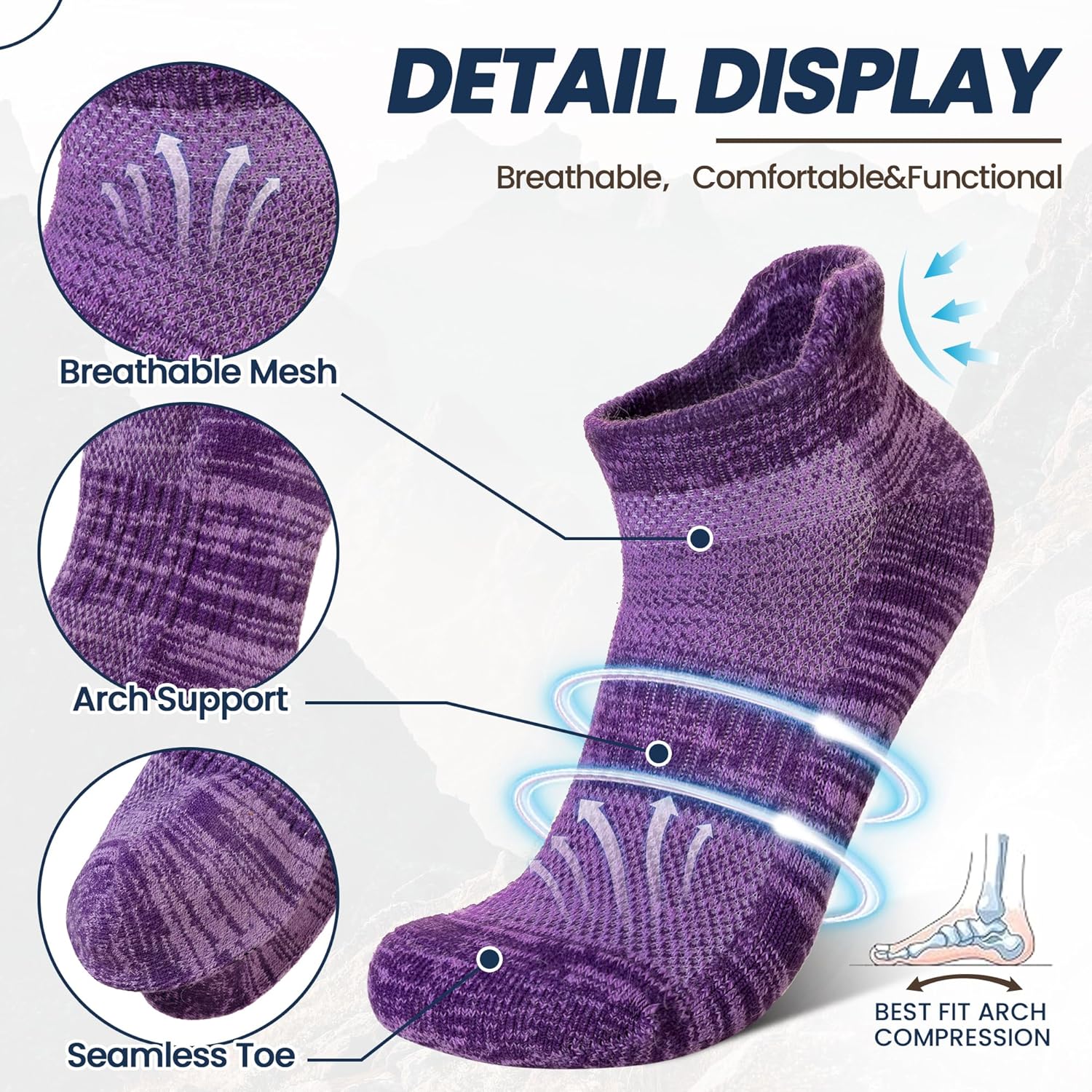 Merino Wool Ankle Socks Running Half Cushioned Men Women Hiking Thick No Show Socks 6 Pairs - Image 5