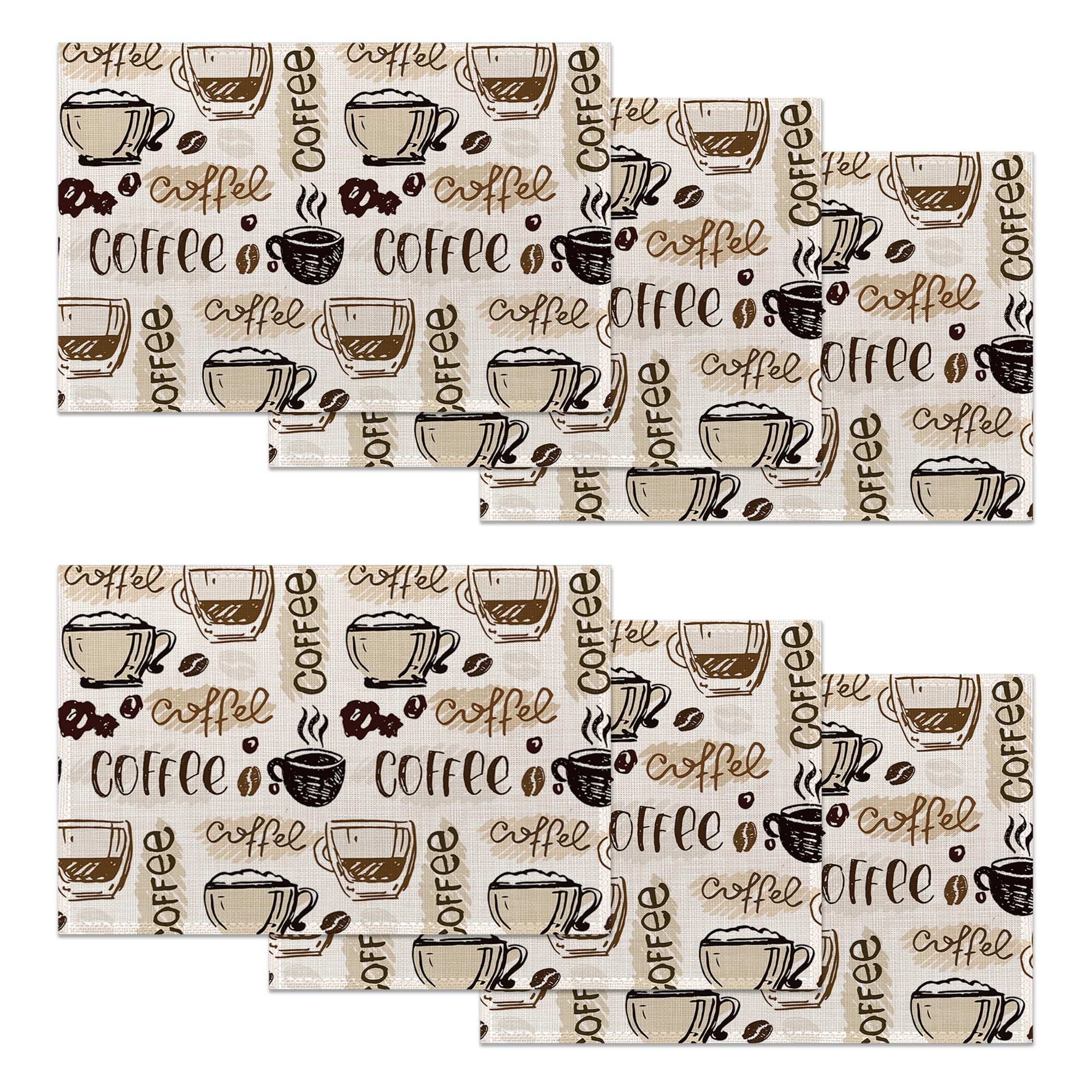 Coffee Theme Set of 6 Placemats,Coffee Cup Washable Linen Table Mats for Dining Table,Non-Slip Heat Resistant Place Mats for Kitchen,Party or Outdoor Use 12"x18"