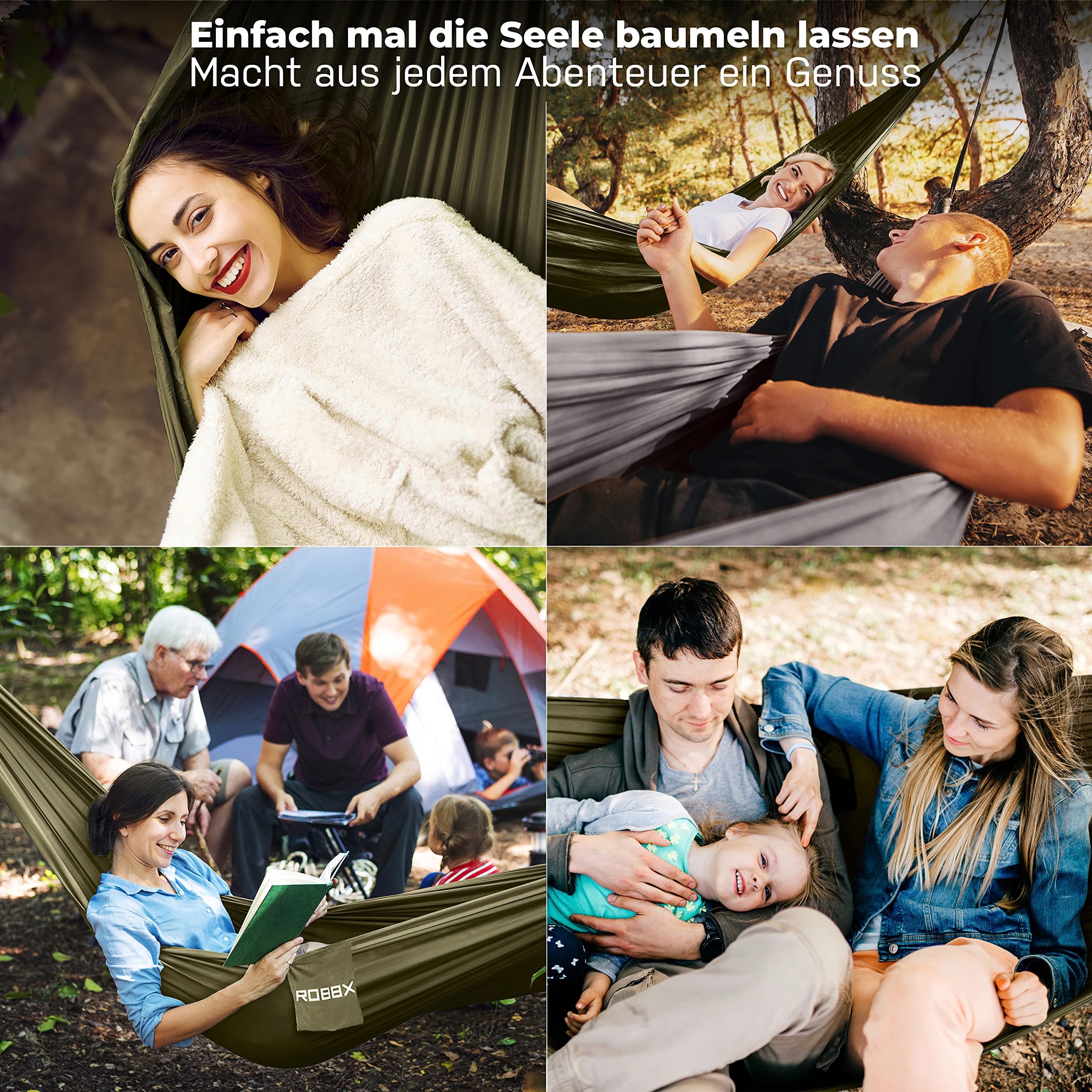 ROBBX® Hängematte Outdoor mit Moskitonetz für 2 Personen | 300kg Traglast | Doppelhängematte mit Befestigungs-Set | Nylon Camping Reisehängematte | 290x140cm Oliv