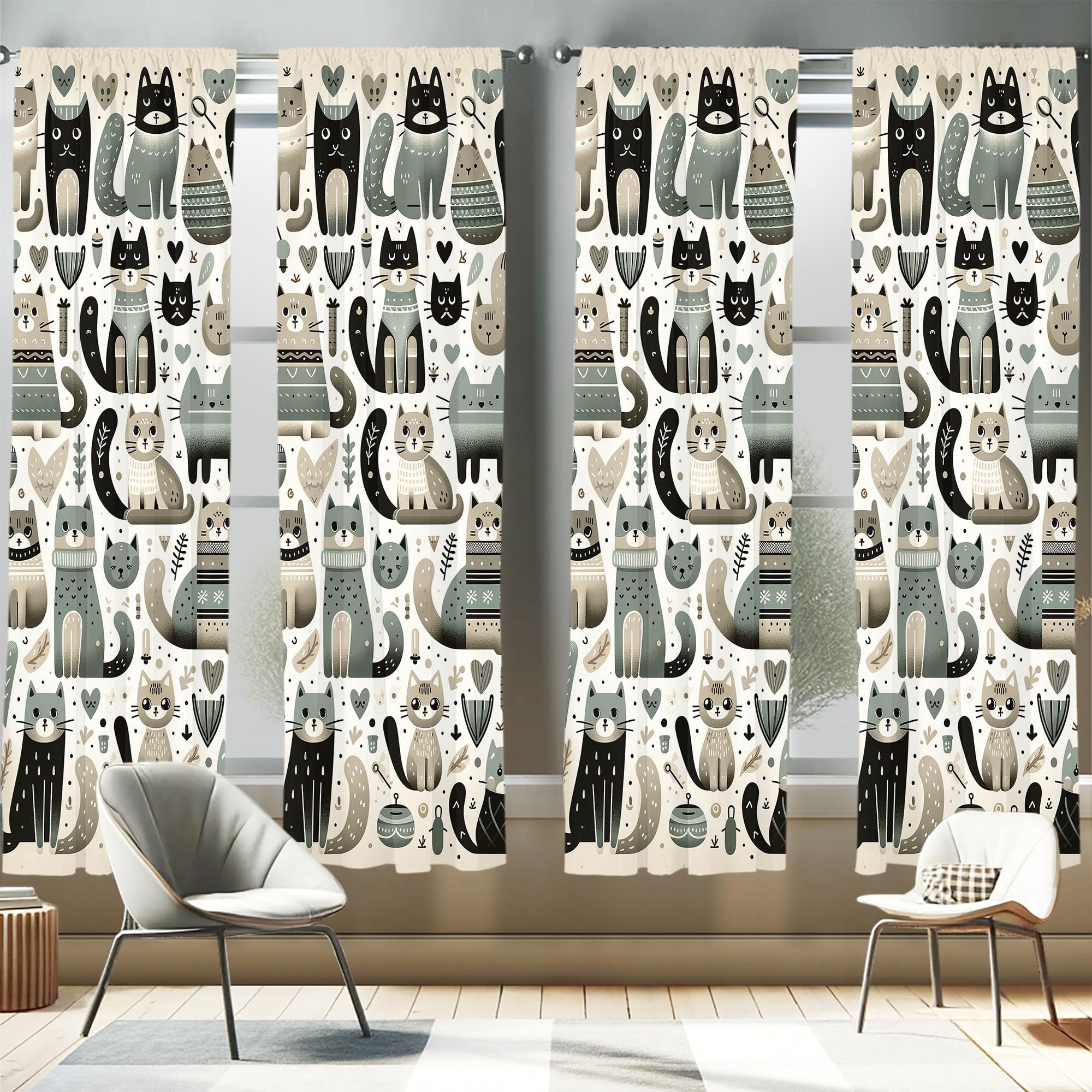 Ambesonne Cats Window Curtains Pack of 2, Modern Scandinavian Inspired Innocent Kitten Pattern with Leafy Details, Lightweight Set with Rod Pocket, 4