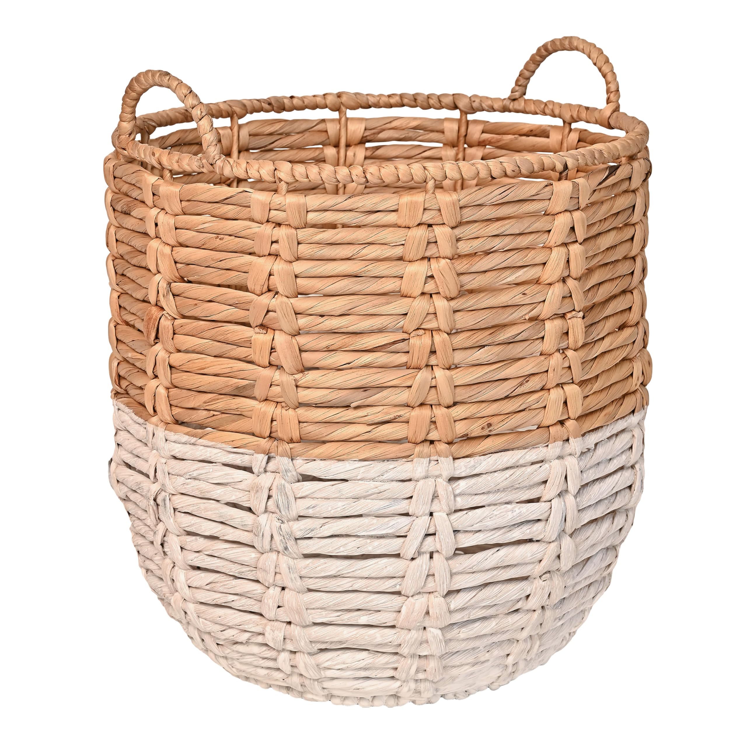 happimess BSK1003E Laurel 49,5 cm Bohemian Handgewebter Abaca Korb mit Griffen, Seegras Container zur Dekoration im Schlafzimmer, Wohnzimmer, Waschküche, Eingang, Natur, Natur/Weiß