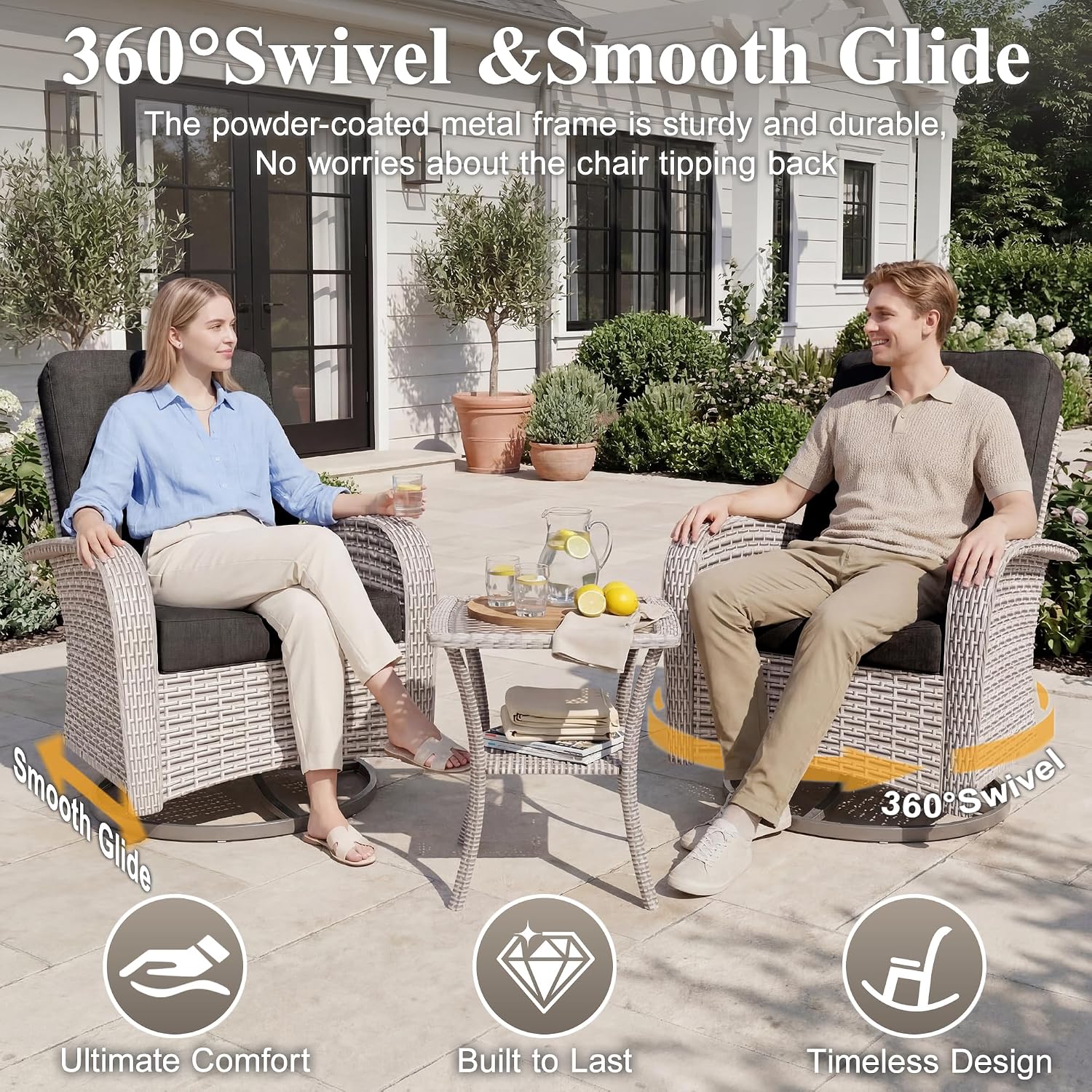 Patio Wicker Chairs Swivel Rocker, Outdoor Swivel Glider Rocker Chairs with Rattan Side Table, All Weather Conversation Set for Porch Poolside Balcony,Black thumbnail