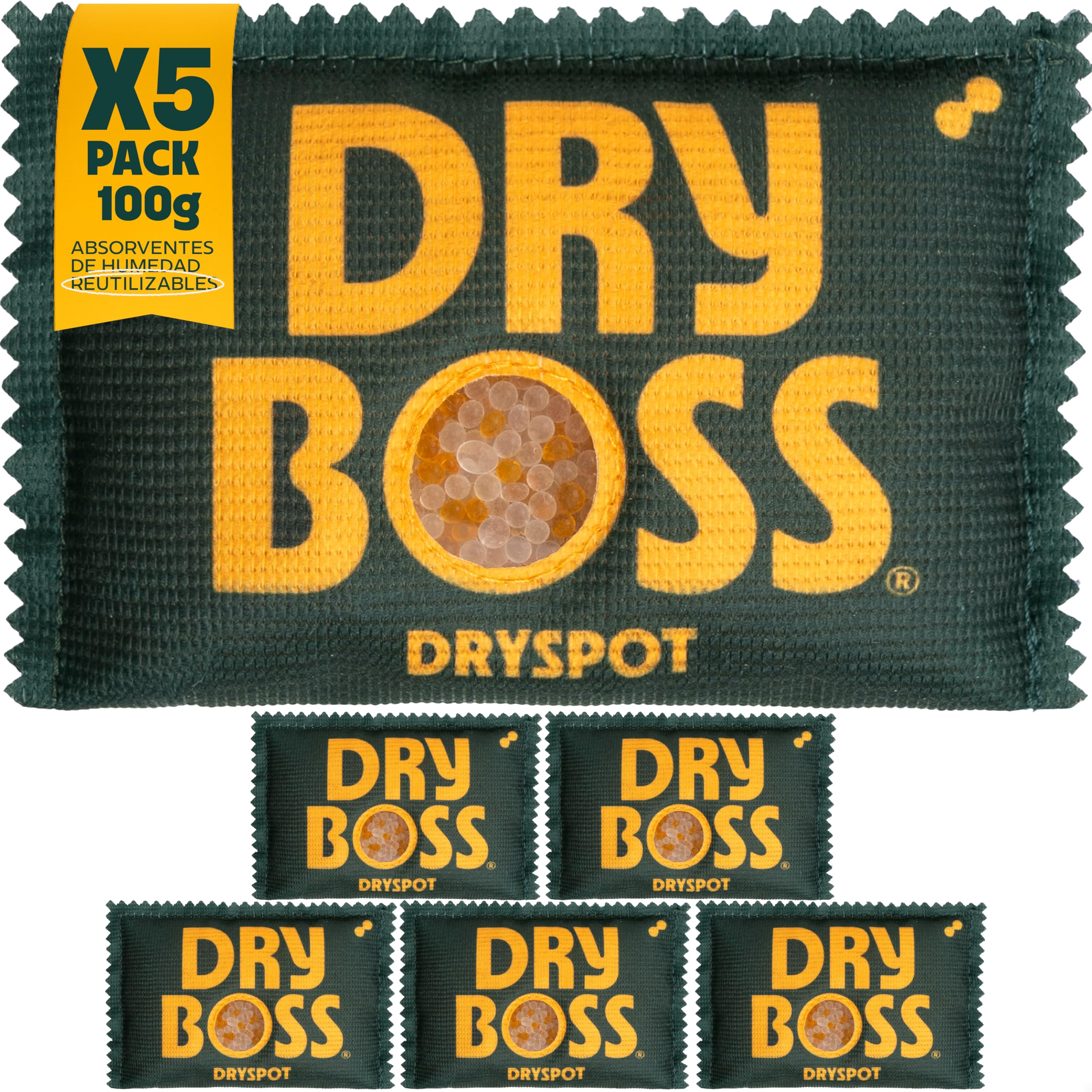 Pack 5 x 100g Antihumedad DRYSPOT Reutilizable, Recargable, Portátil | Silica Gel Absorbe Humedad y Olores | Armarios, Cajones, Coches, Filamentos 3D, Ropa y Espacios Pequeños | Desecante