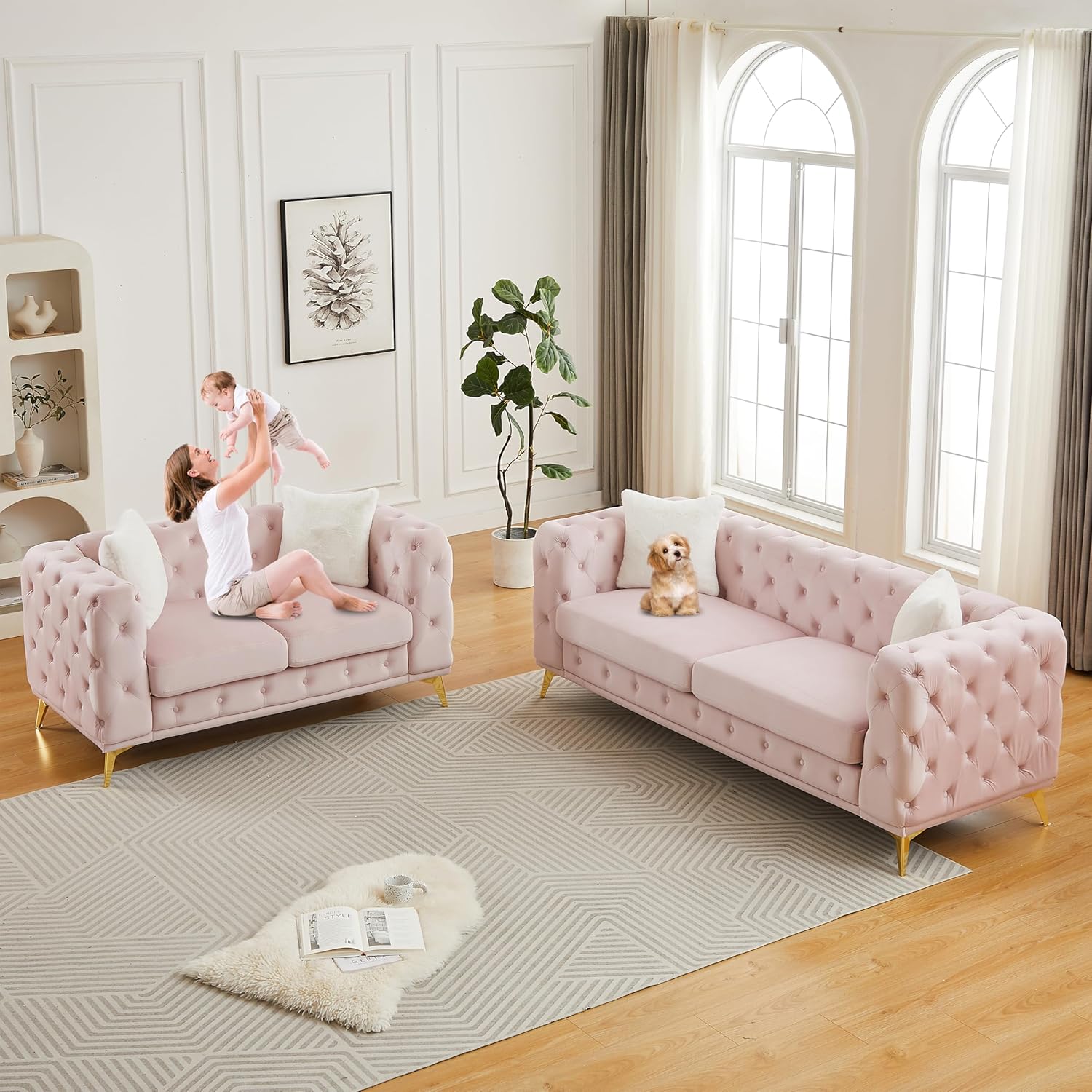 2 Piece Chesterfield Velvet Combination Sofa for Living Room,82.5" 3-Seater and 61.25" Loveseat Sofa Set with 4 Pillows and Metal Feet for Apartment Office
