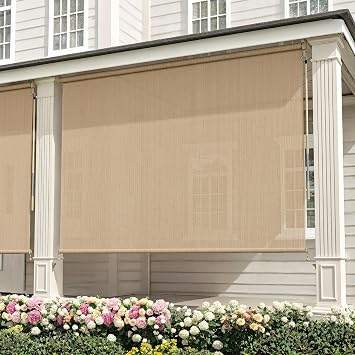 VICLLAX Outdoor Cordless Roller Shade 9 W x 8 H, Patio Shade Roll Up Outdoor Blinds for Front Porch, Wheat
