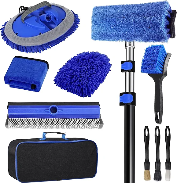5-12ft Car Wash Kit,11 Piece,Thickened Aluminum Telescopic Rod,Cleaning Brush,Tire Brush,Window Scraper,Glove,180 ° Chenille Mop,Fiber Towel,Storage Bag,3-Piece Detail Brush,Car,RV,Truck Clean Kit