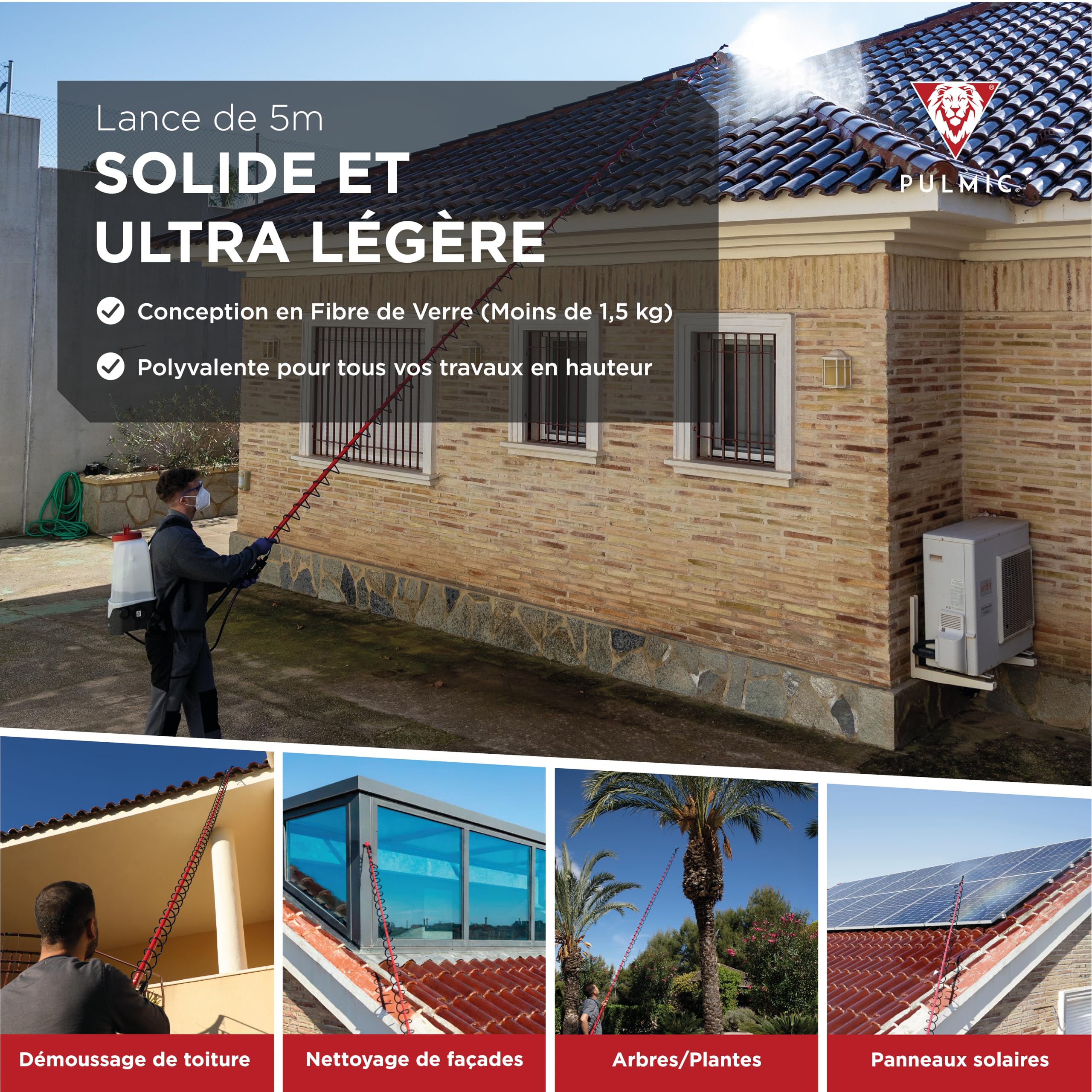 Pulmic Lance de Pulvérisation Télescopique 5 m d'Hauteur – Perche en Fibre de Verre Légère. Idéale pour Le Démoussage, Le Nettoyage de Toiture, Murs et Façades. Buse Réglable Qualité Professionnelle