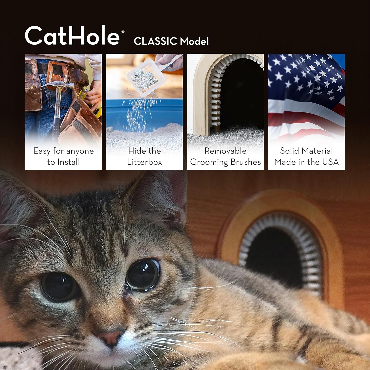 CATHOLE Wood Cat Door Classic Model - Original Interior Cat Door, Installs Easily, Removable Grooming Brush : Pet Supplies