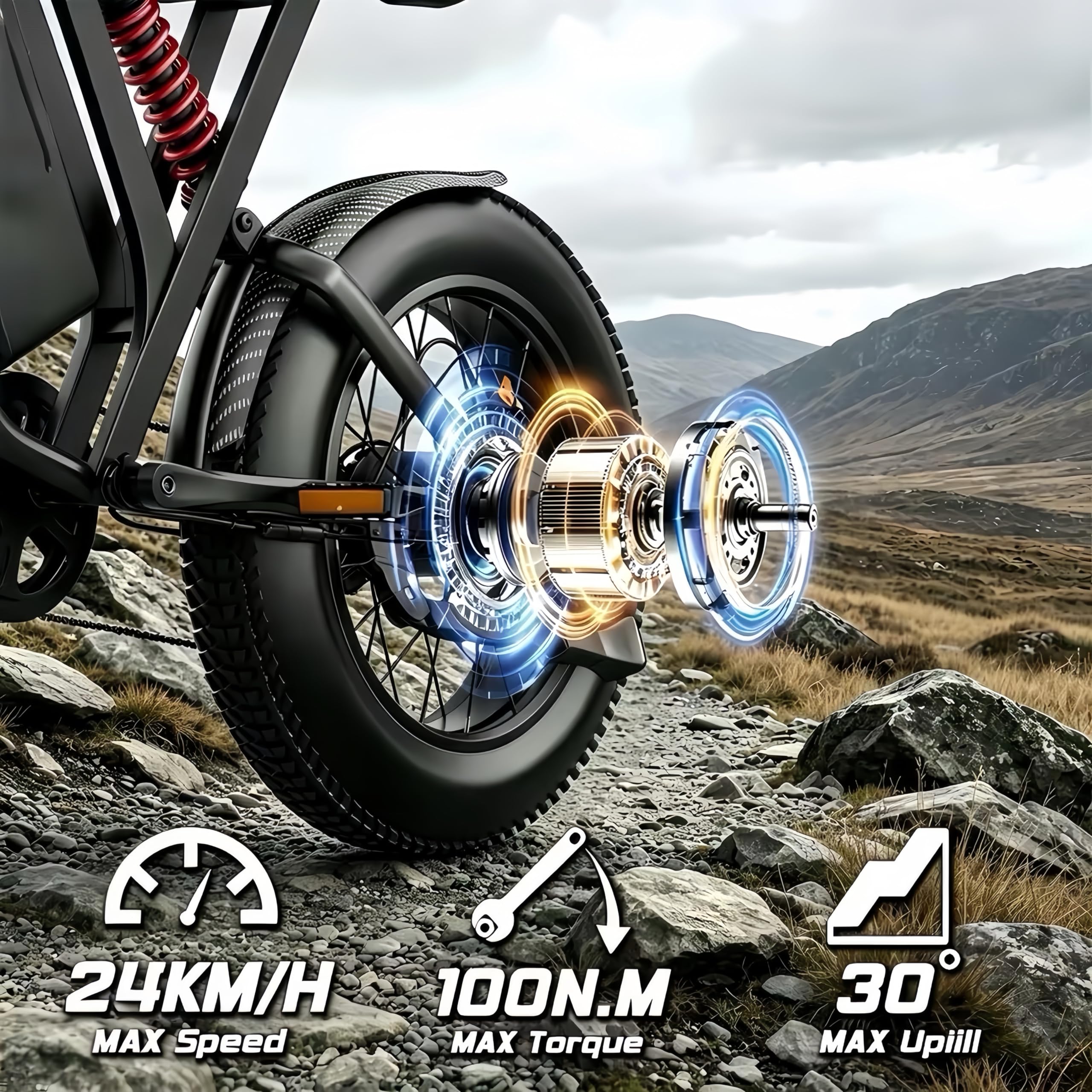 DEEPOWER R700 Bicicleta Eléctrica, Neumáticos Gruesos 20"×4.0, Batería Extraíble 52V 25Ah, Autonomía de 115 KM, 7 Velocidades, Suspensión Hidráulica Completa