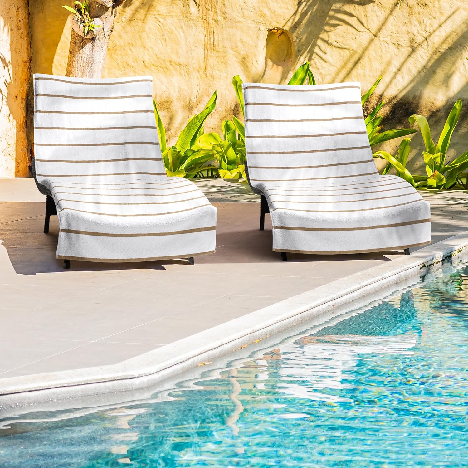 Arkwright Las Rayas Chaise Lounge Cover Towel with Pocket - Pack of 2 - Striped 100% Cotton Cabana Cover for Beach Pool Outdoor Chairs, 30 x 85 in, White/Beige