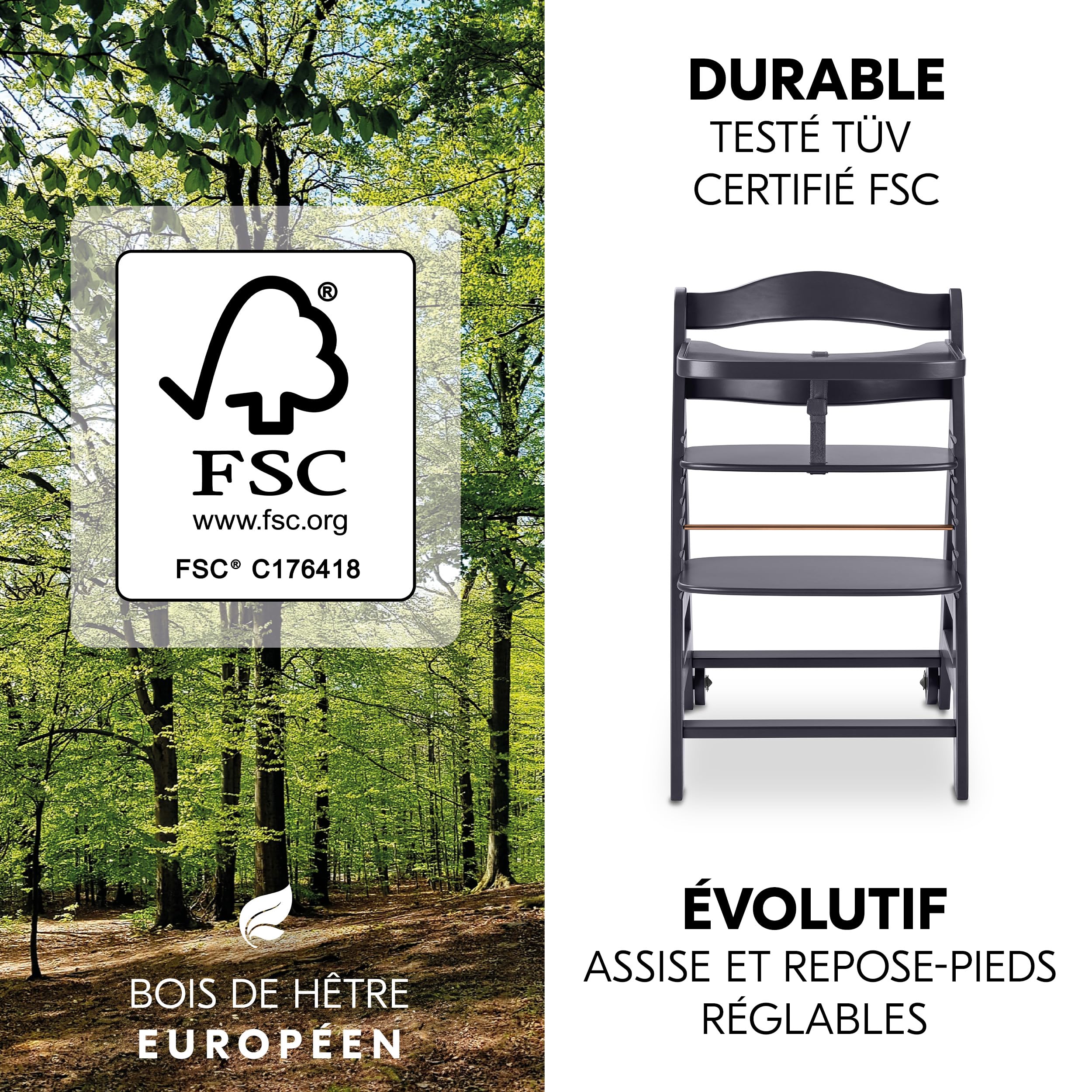 hauck Chaise Haute Bébé Beta+ avec Siège Nouveau-né Eco - Dark Grey | Chaise haute évolutive en bois, de la naissance à 90 kg, inclus assise bébé ergonomique, roues, plateau repas, coussin