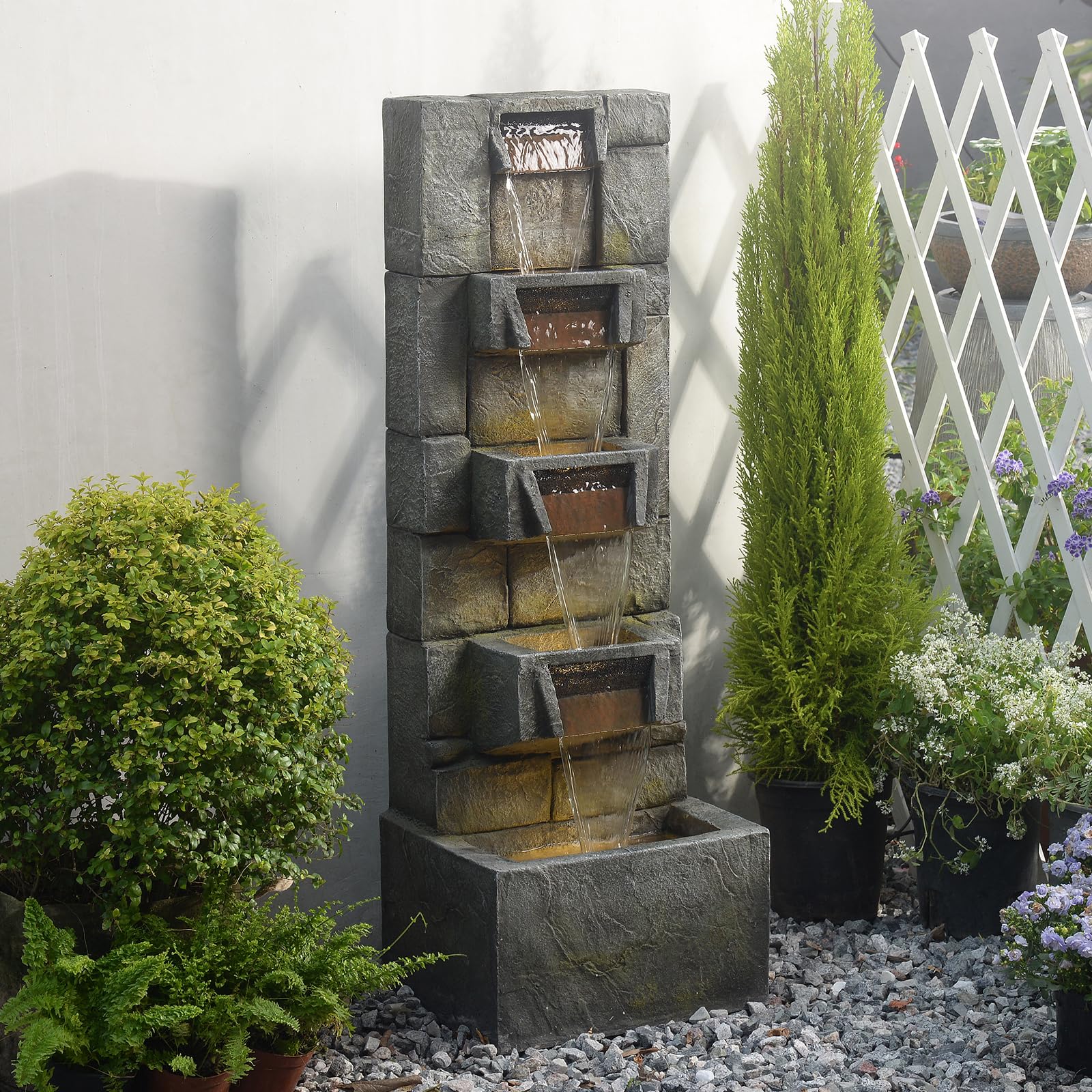 SERBILHOME Water Fountain Outdoor Garden Fountains - 41.14''H Large Modern Cascading Floor-Standing Outdoor Waterfall Fountain with Led Lights Water Feature Indoor for Patio, Yard, Garden Décor