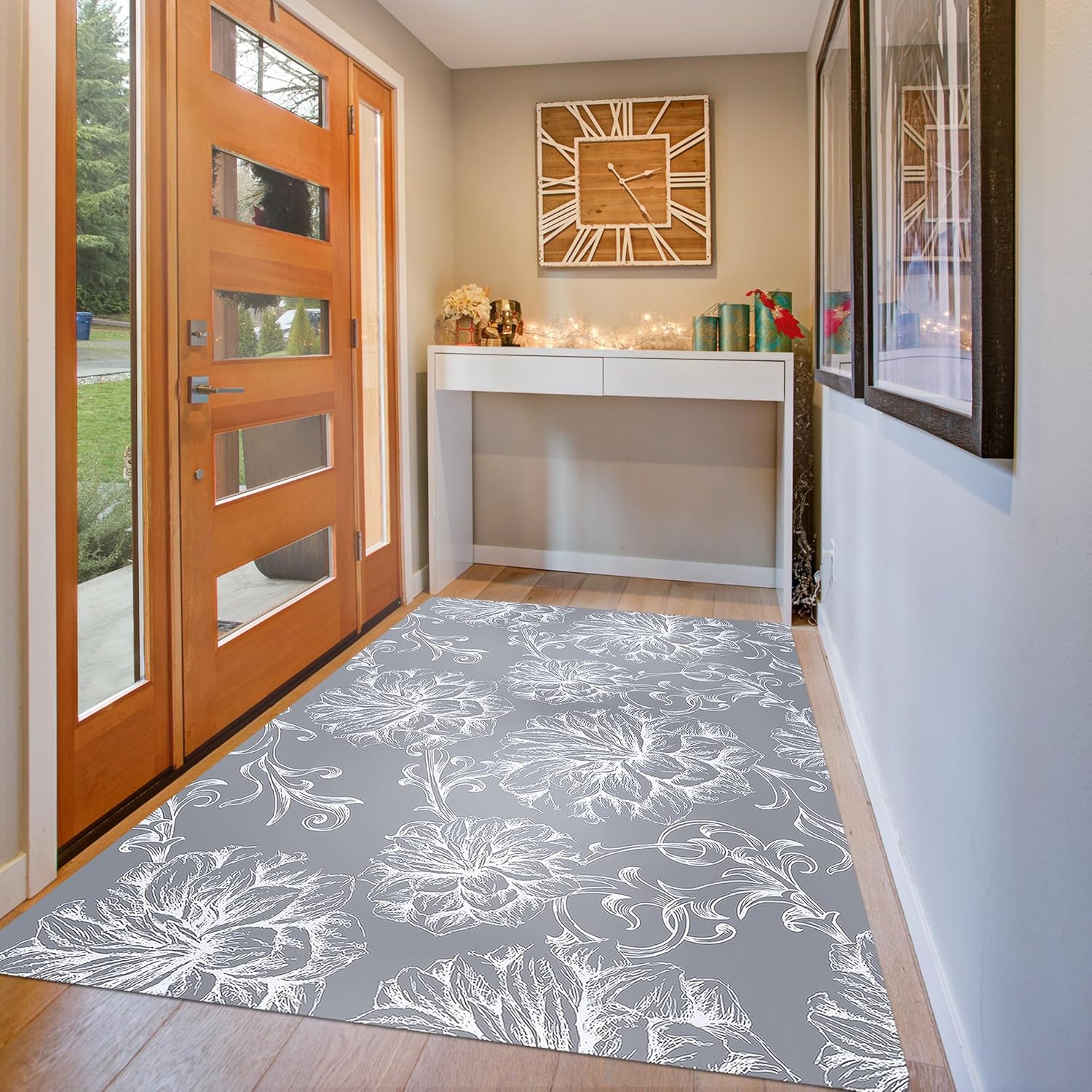 Cosilyt Extra Large 3?ù5 Feet 1/10" Ultra Thin Front Door Mat Indoor Entryway Area Rug for Inside Entry, Non Slip Washable Rubber Interior Door Mats Entrance Home, Baroque Grey