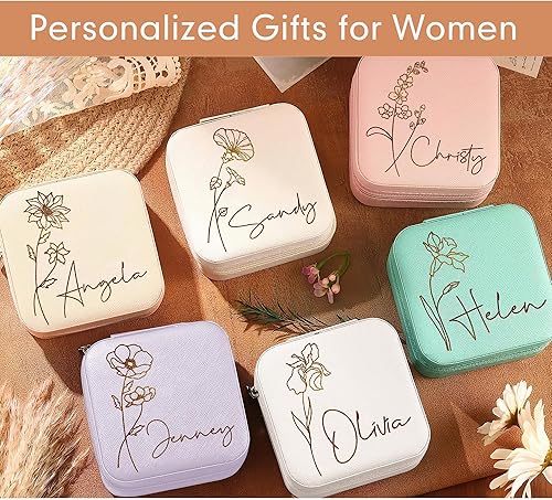 Miniatura 2 de DayOfShe Joyero de viaje personalizado con nombre y flor de nacimiento, regalos personalizados de dama de honor para mujeres, estuche de joyería de