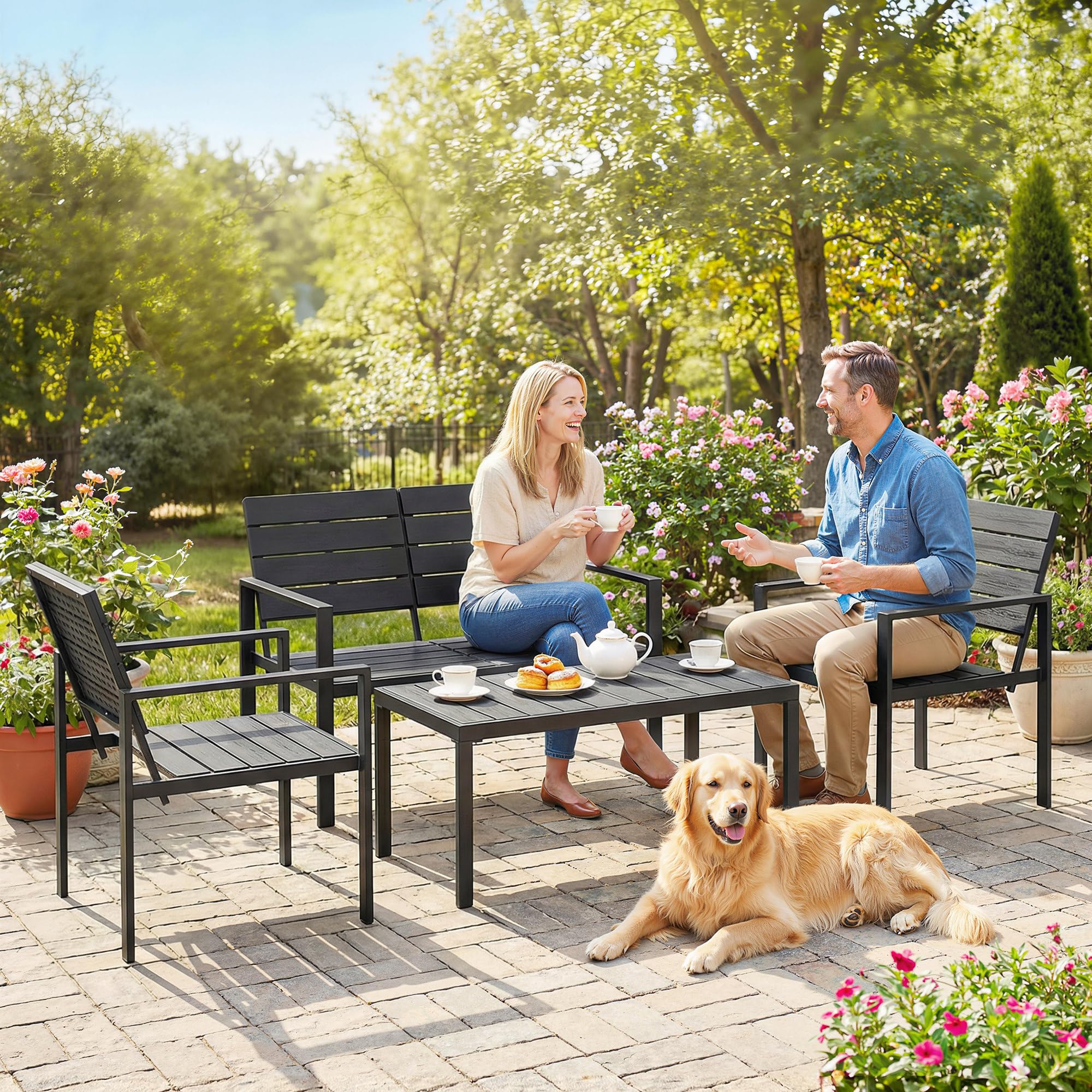 Outsunny Conjunto de Muebles de Jardín para 4 Personas, 4 Piezas, Negro | Sofá de Jardín, Sofá de 2 Plazas, 2 Sillones, Mesa de Centro, Estructura Metálica