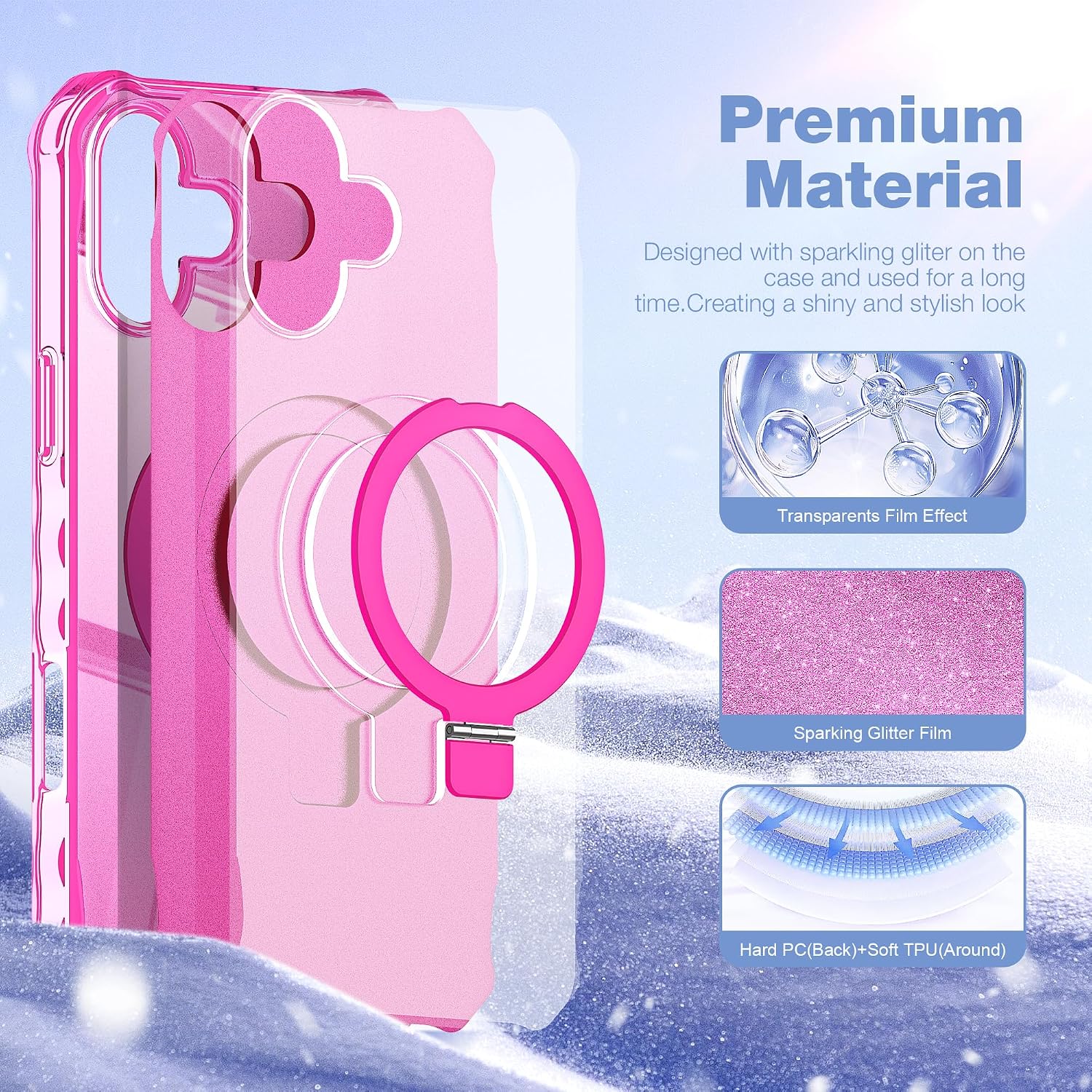 for iPhone 16 Case with Magnetic Invisible Stand [Compatible with Mag-Safe] [Military Drop Tested] Shockproof Slim 16 Cover with Good Grip Curly Wave Edge for Women 6.1'', Rose Red