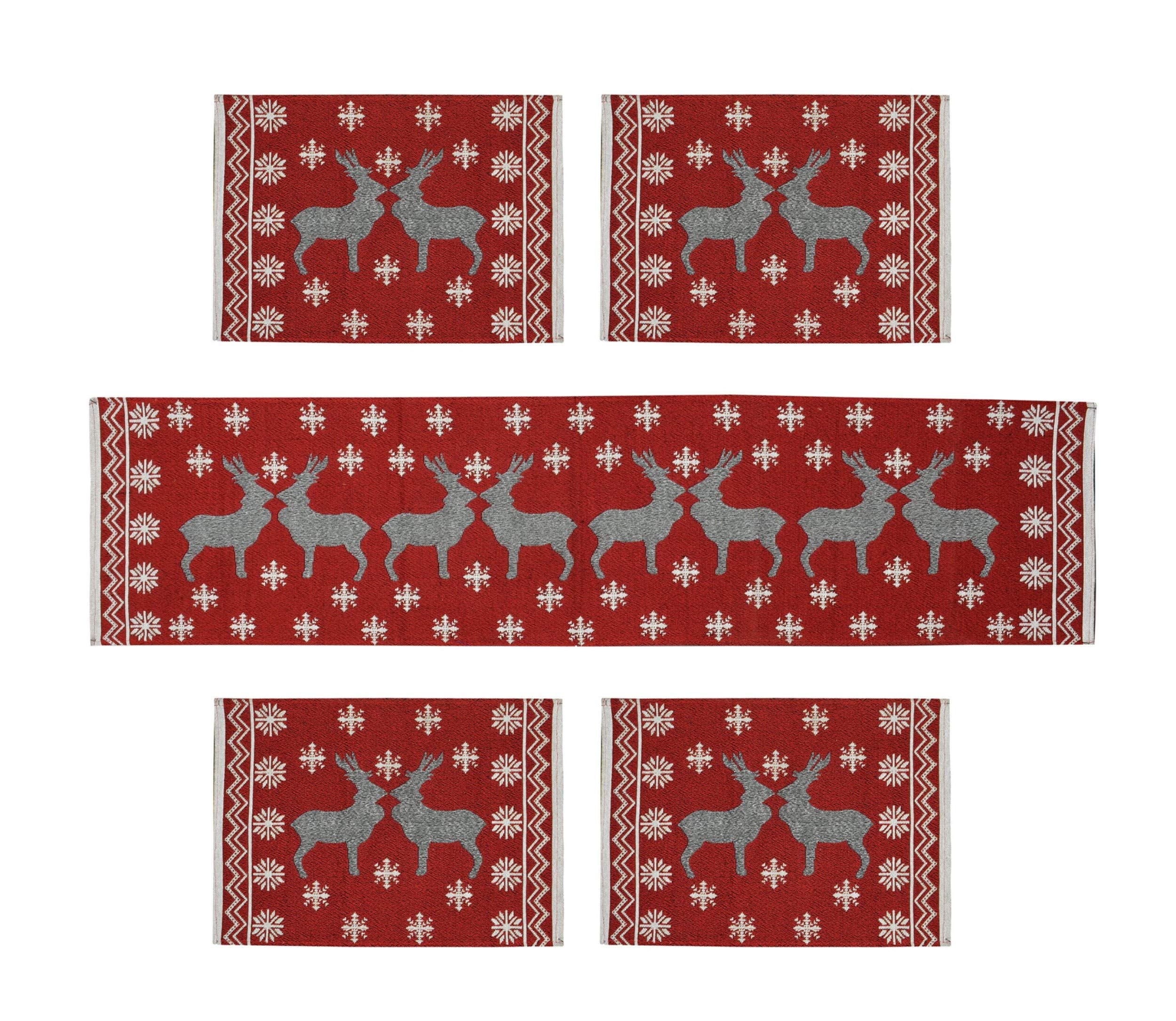 Galaxy Home Decor Dining Table Set - 4 Mats with Runner (13x18 & 13x54 inches) Washable Cotton Linen Jacquard Fabric, Multicolor Deer Design