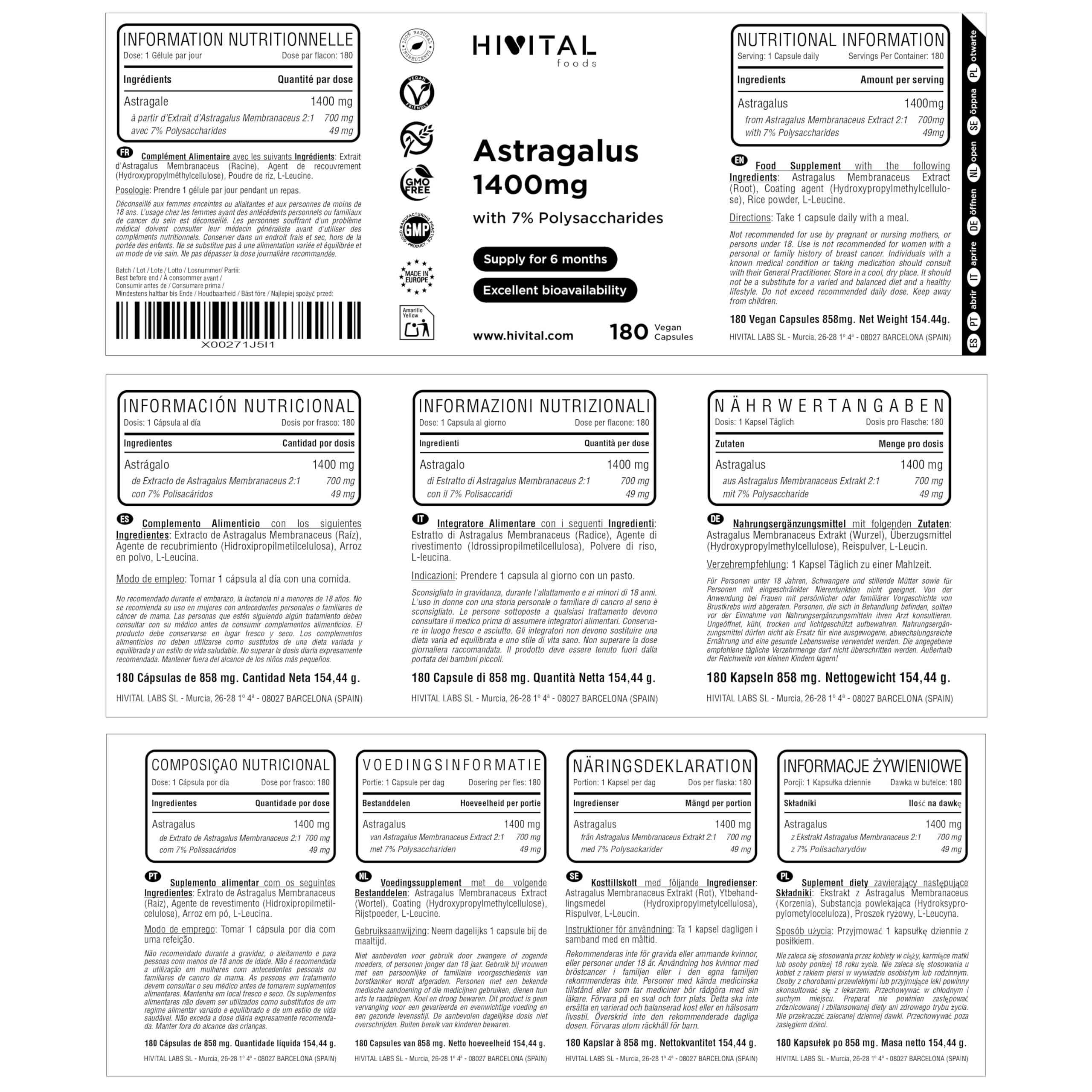 Astragalo 1400 mg. 180 capsule vegane per 6 mesi di trattamento. Estratto naturale di astragalo con il 7% di polisaccaridi. Prodotto in Europa da HIVITAL