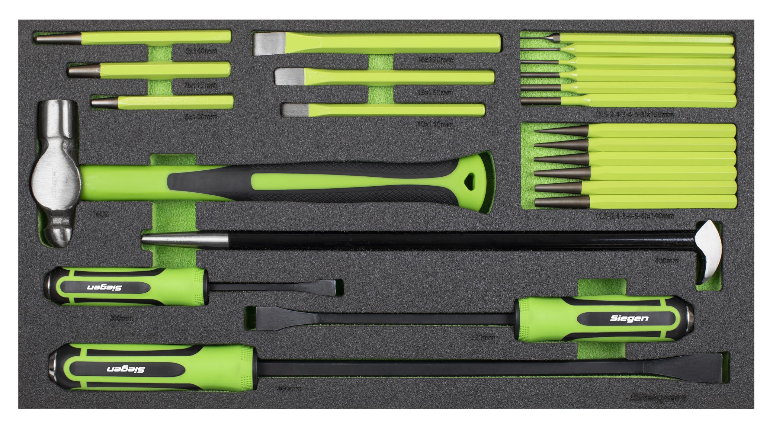 Siegen by Sealey 23pc Pry Bar, Hammer & Punch Set including Tool Tray - S01279, Green