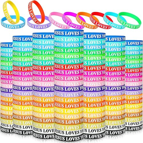 Jerify 200 pulseras de silicona con texto en inglés "Jesus Loves You" para verano, pulseras de goma con versículos bíblicos a granel, bandas