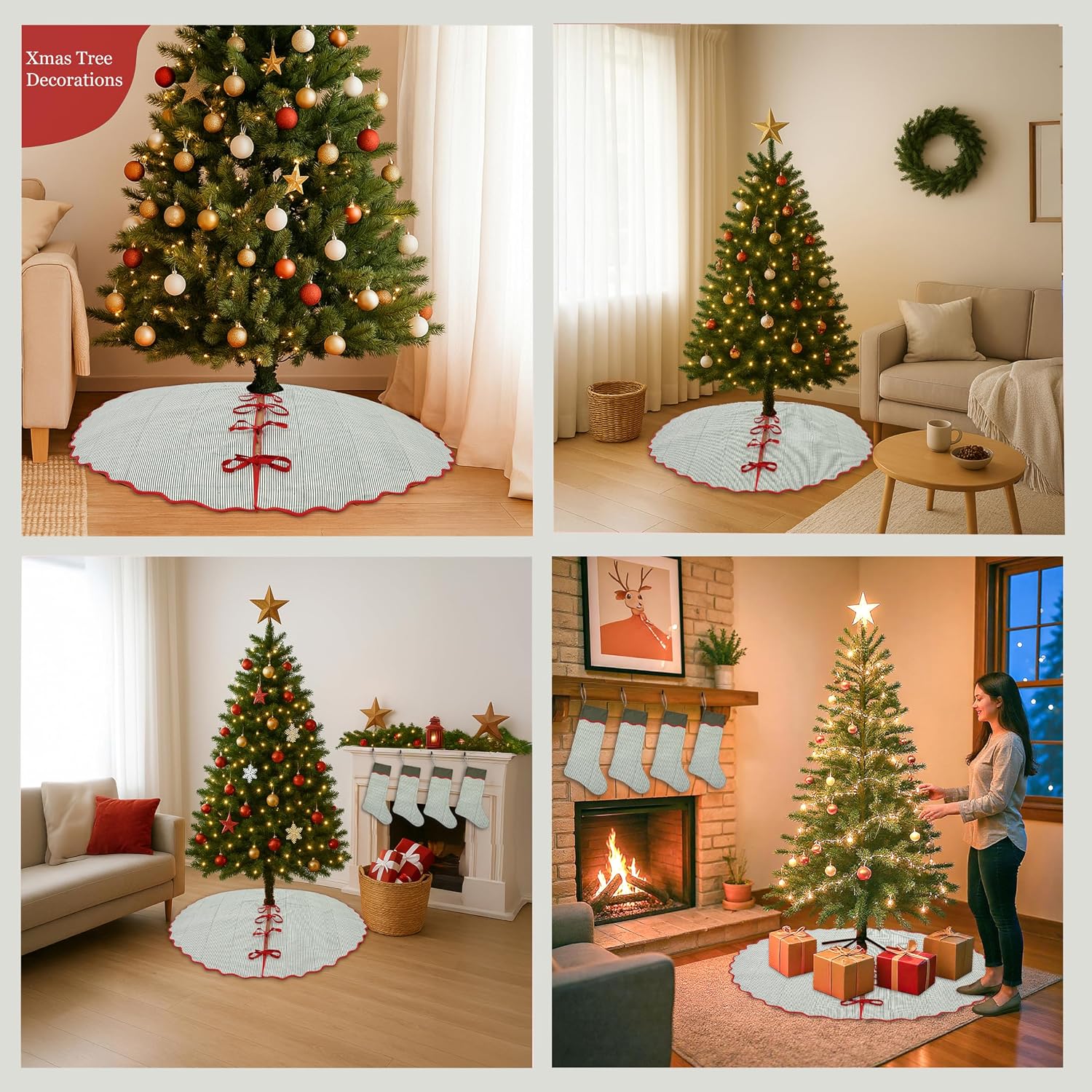 Ridhi Green Stripe with Red Hand Block Printed Christmas Tree Skirt 40'' Inch Cute Boho Decorative Rustic Vintage Indoor Outdoor Holiday Decor Christmas Decoration Halloween Fall Thanksgiving Gifts