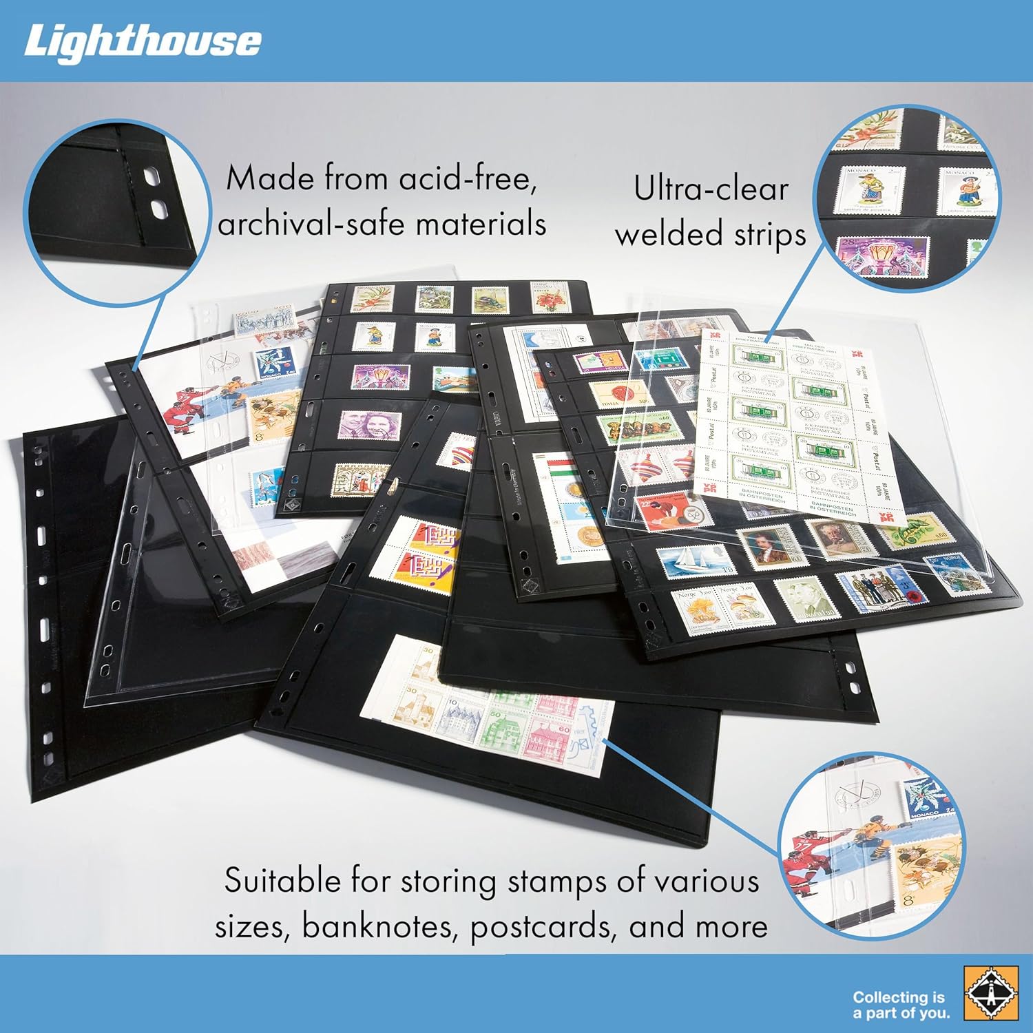 LIGHTHOUSE- VARIO Stamp Pages for Stamp Albums, Clear 9-Hole Binder Pages with 2 Pockets for Stamp Collection - Pack of 25