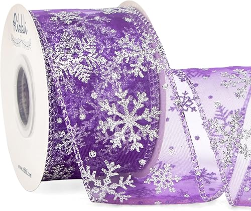 Ribbli Cinta con alambre de purpurina de copo de nieve, cinta transparente de organza púrpura con patrón de copo de nieve con purpurina plateada y
