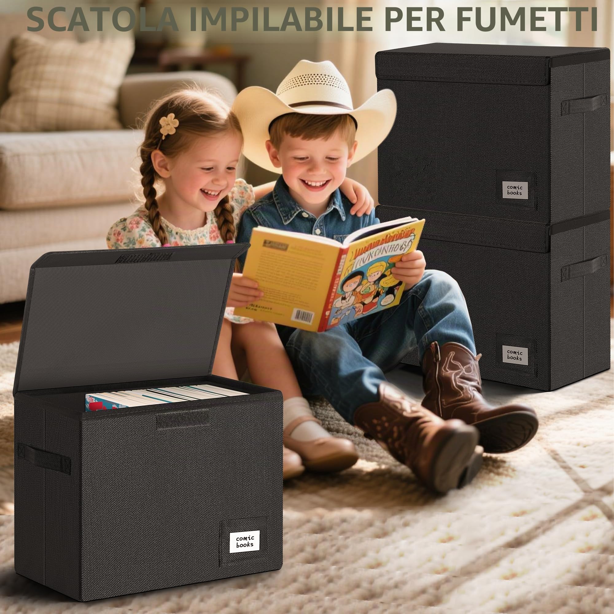 Leffis Confezione da 3 scatole per fumetti, 39,4 x 19,1 x 28,7 cm, scatola corta pieghevole per fumetti con coperchio, può contenere 150 fumetti