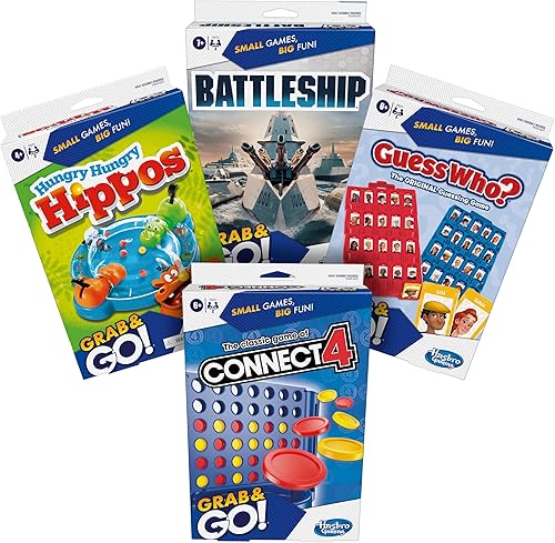 Vista 3 de Hasbro Games Grab and Go! Paquete (4 unidades) Juegos de mesa de viaje para niños Battleship, Connect 4, Adivina quién?, Juegos de hipopótamos