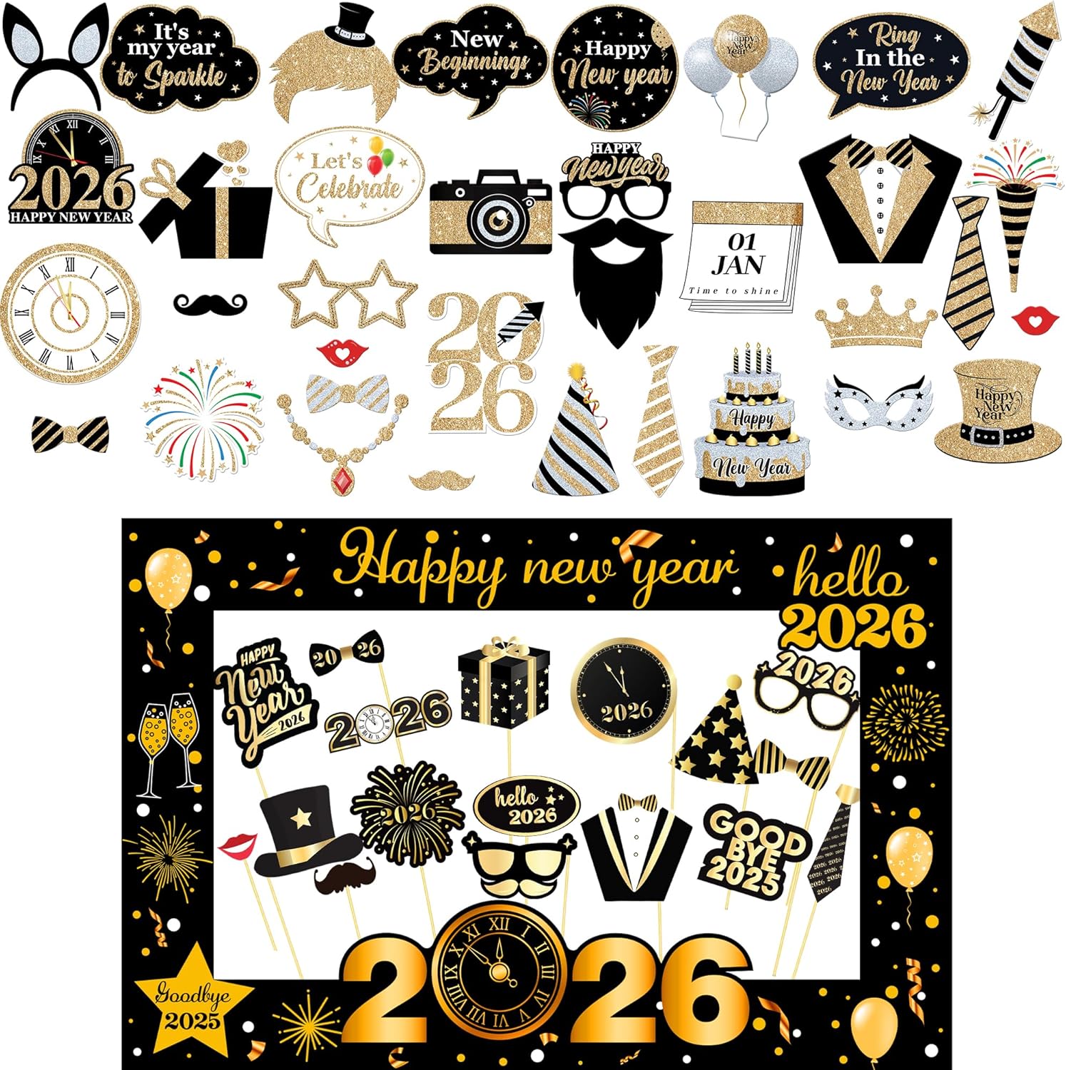 KatchOn, Pack of 70, New Years Eve Photo Booth Props 2026 | New Years Photo Booth Prop 2026 with Glitter New Years Photo Booth Props 2026 | NYE Photo Props New Years Eve Party Supplies 2026