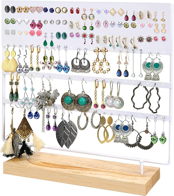 BELLE VOUS White Metal Earring Organiser Jewellery Display Stand with Wood Base - 144 Holes, 3 Layers - Storage For Hanging Earrings, Necklaces & Stud Holder Rack for Women & Girls