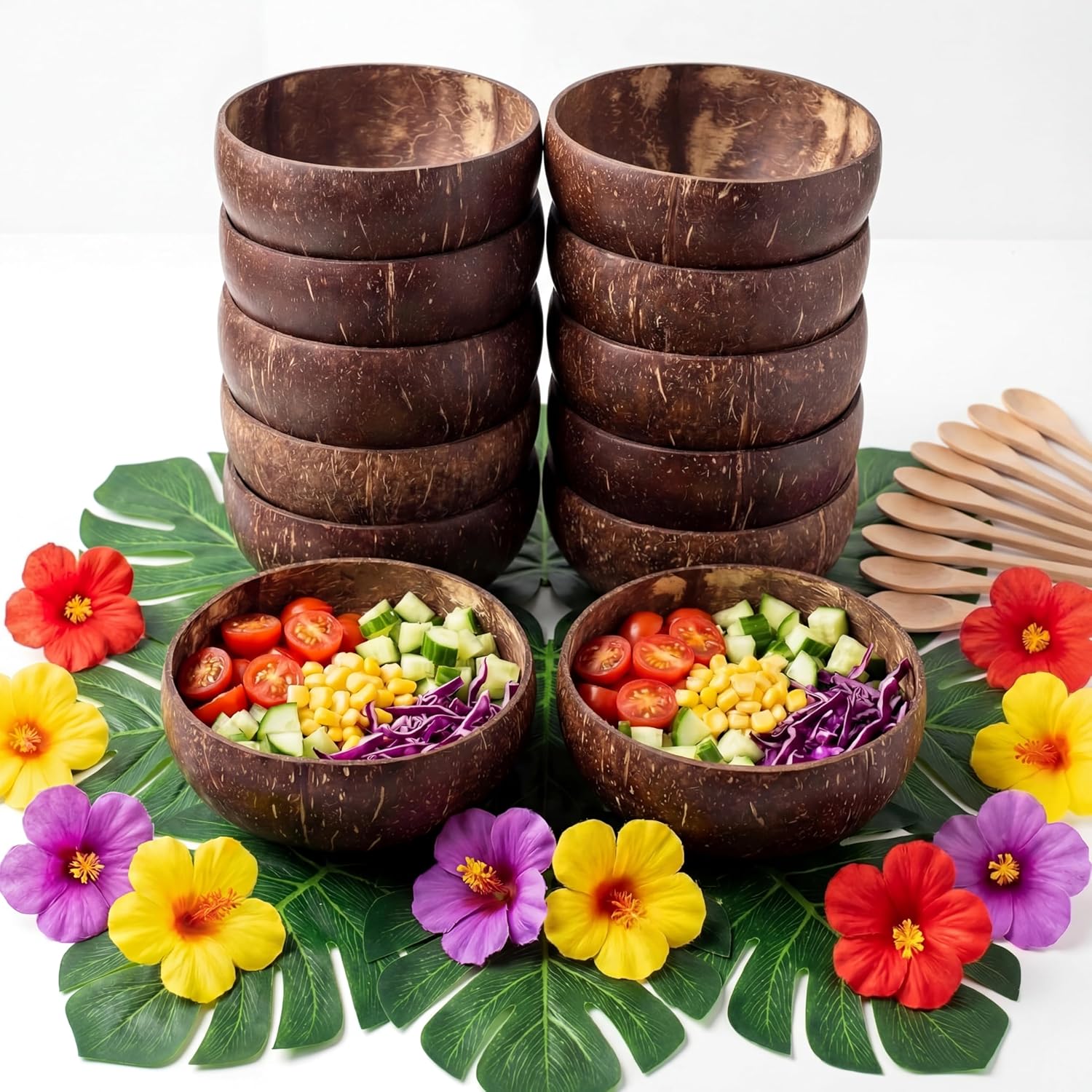 Remerry 48 Pcs Coconut Bowl Set 12 Pcs 13.5oz Coconut Shell Bowls with 12 Spoons, 12 Turtle Leaves and 12 Hibiscus Flowers Natural Hawaiian Luau Party Favors for Summer Drink Salad Ice Cream