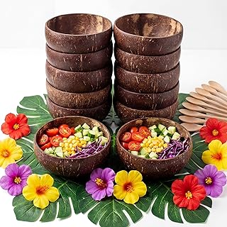 Remerry 48 Pcs Coconut Bowl Set 12 Pcs 13.5oz Coconut Shell Bowls with 12 Spoons, 12 Turtle Leaves and 12 Hibiscus Flowers Natural Hawaiian Luau Party Favors for Summer Drink Salad Ice Cream