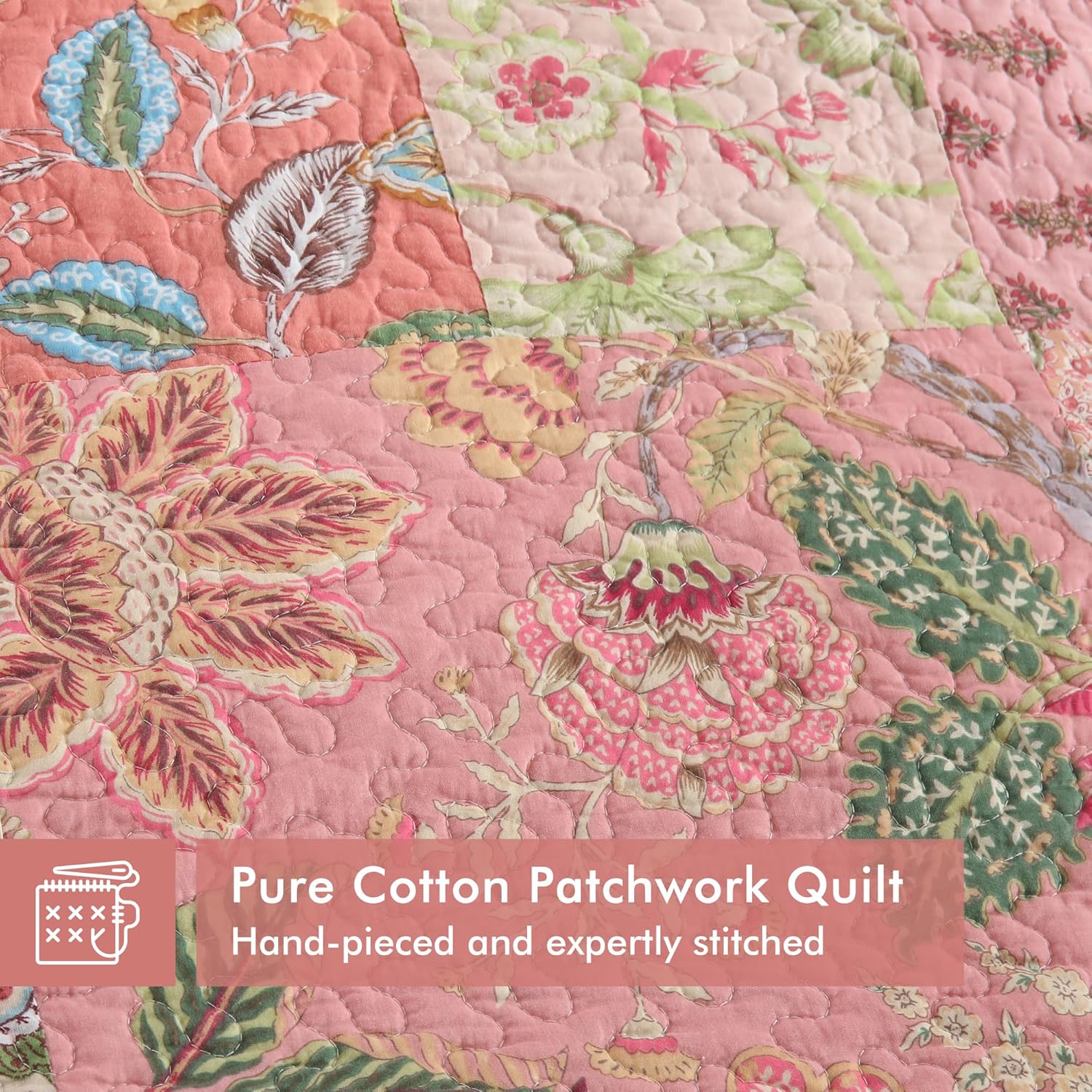 Etwel Patchwork Quilt Set Queen Size, 100% Cotton Bedspread, Reversible Lightweight Comforter Set with 2 Pillow Shams for All Seasons, Floral Pink, Queen Size 90"x90"