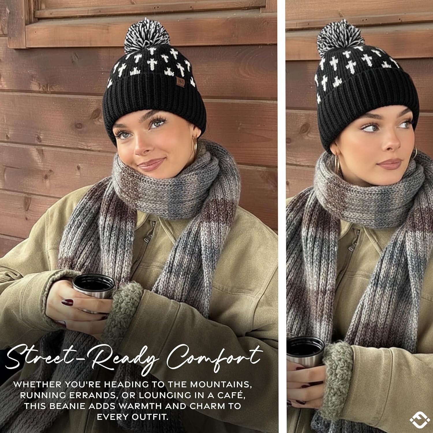 Funky Junque Women’s Knit Pom Beanie – Cozy Womens Winter Hat, Apres Ski Cold Weather Beanies with Geometric and Cross Design - Image 5