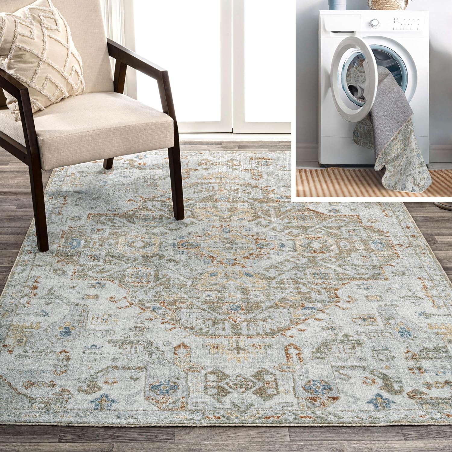 JONATHAN Y WSH320A-8 Shaemus Bohemian Medallion Low-Pile Machine-Washable Area Rug, Bohemian, Classic, Coastal, Traditional for Living Room, Dining Room, Bedroom, Kitchen, Cream/Brown/Green, 8 X 10 Cream/Brown/Green 8 X 10