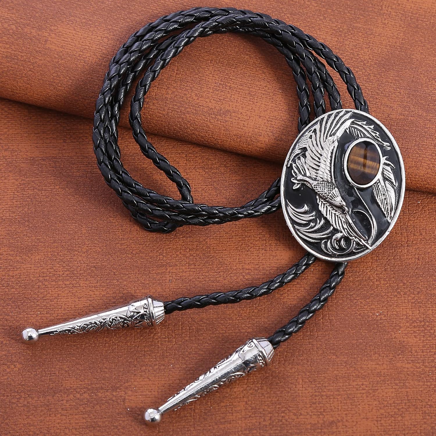 Bolo Tie For Men,Cowboy Necklace,Flying Eagle Turquoise Jade Tiger-eye Bola Bolo Tie Wedding