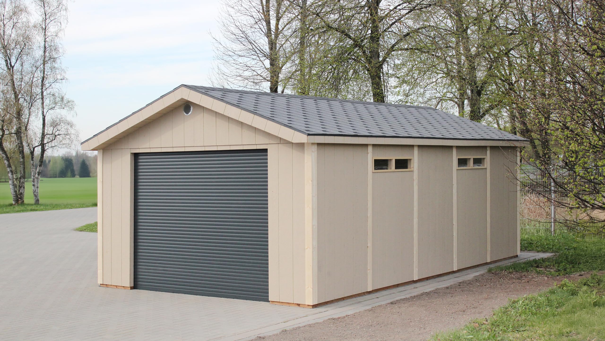 Wysokiej jakości garaż 21 m² - L378 x L648 cm - garaż na samochody, motocykle, rowery, maszyny ogrodnicze - konstrukcja z paneli LP Smartside - wiata ogrodowa Timbela M992B