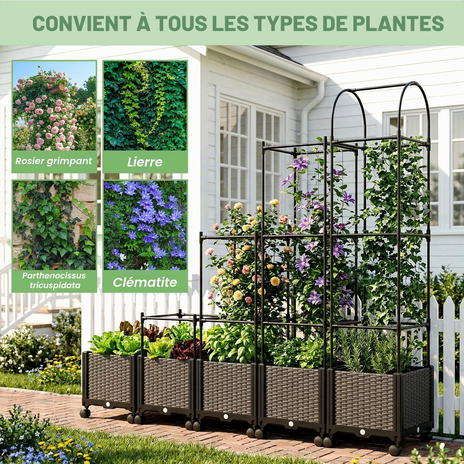 180x40x40CM Jardinière surélevée avec treillis et roues pour plantes grimpantes, bac de plantation avec protection visuelle pour tomates, concombres, rosiers grimpants, etc. (Simple)