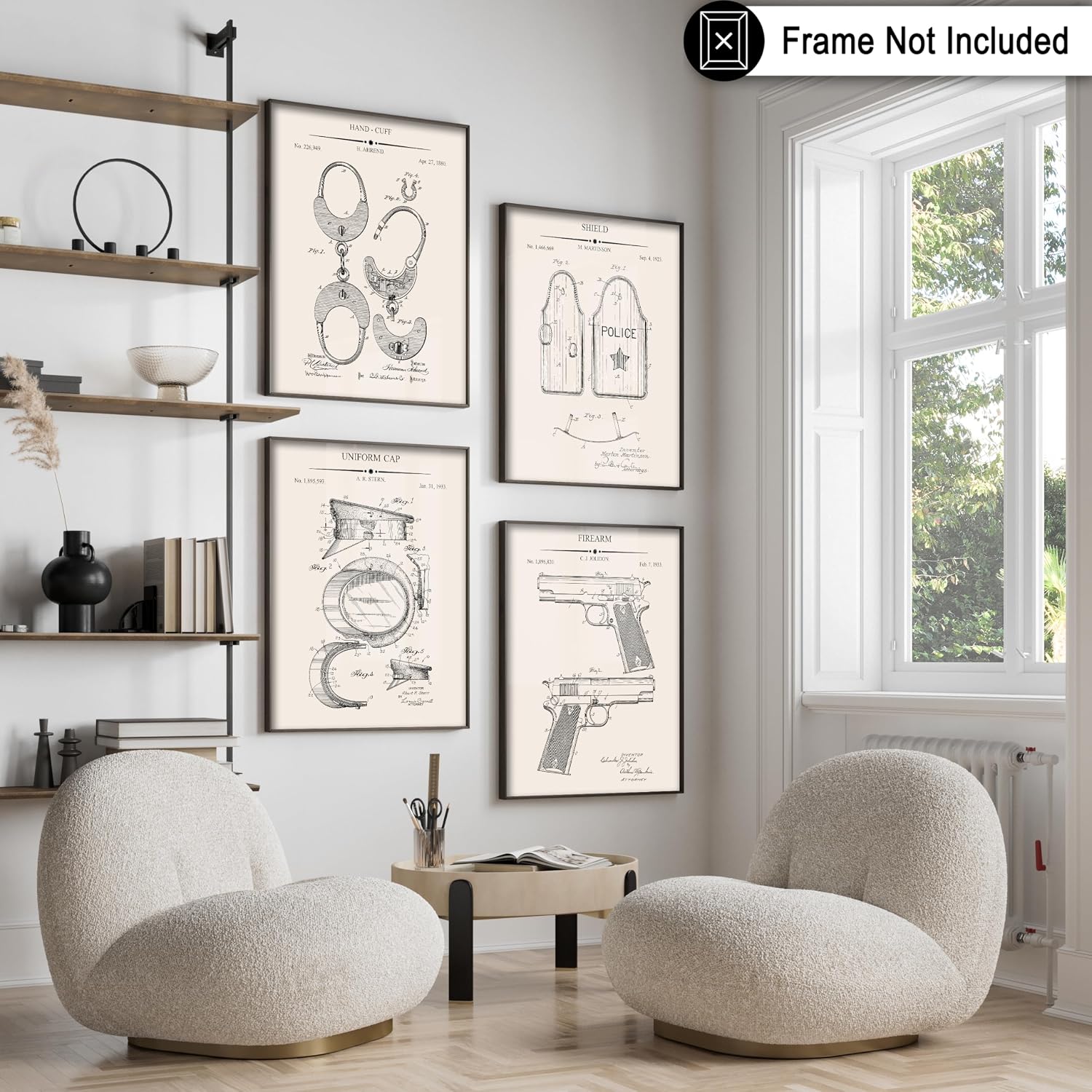 Poster Master 4-Piece Police Blueprint Poster - Hand Cuff Patent Print - Shield Art - Uniform Cap Design - Firearm Artwork - Policemen Design - Technical Drawing - Office Decor - 8x10 UNFRAMED