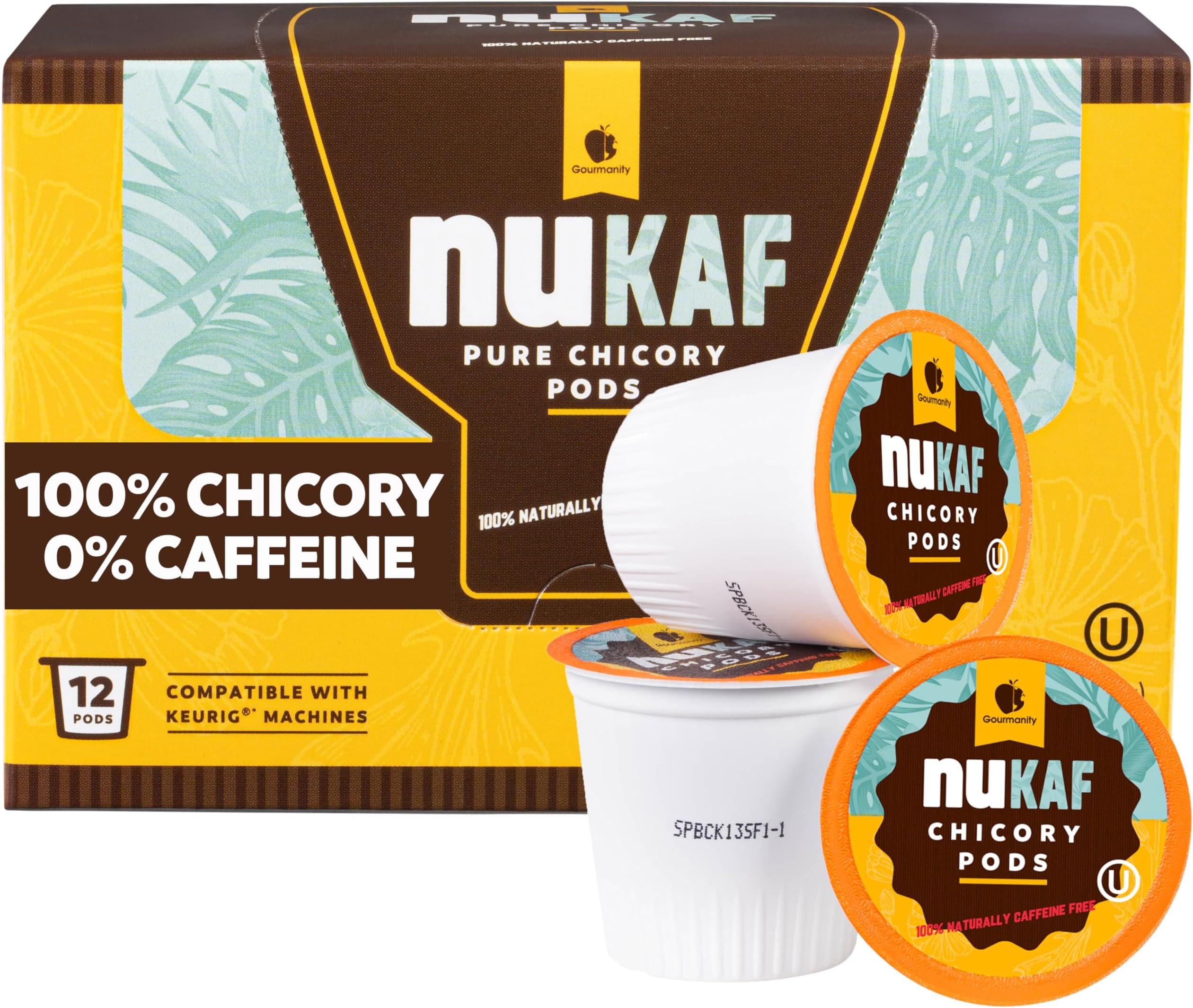 nuKAF Chicory Coffee K Cups, 100% Caffeine Free Coffee Alternative, All Natural K Pods for your Keurig, Great for Your Daily Drink, Rich in Prebiotics, Kosher, by Gourmanity (12 count)
