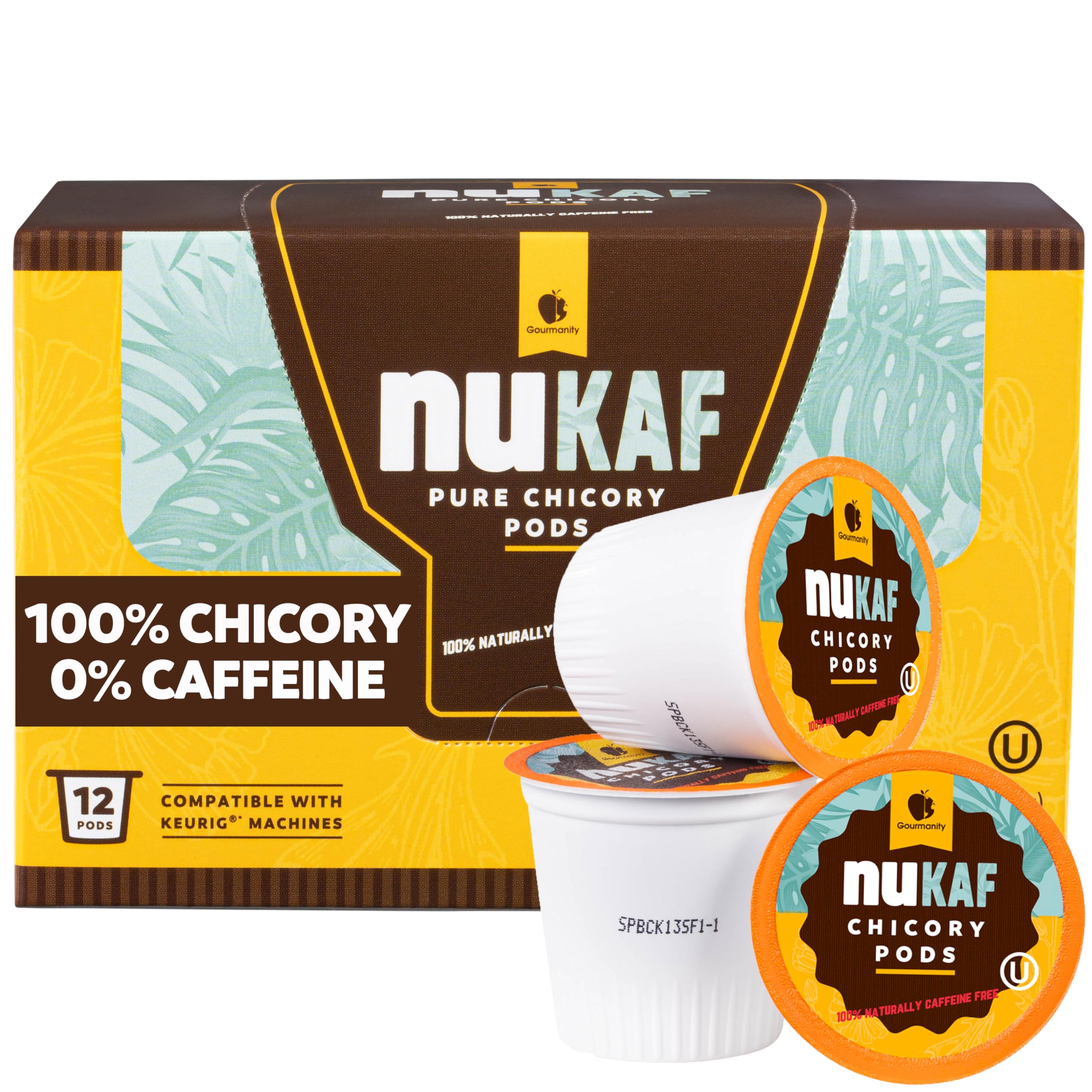 nuKAF Chicory Coffee K Cups, 100% Caffeine Free Coffee Alternative, All Natural K Pods for your Keurig, Great for Your Daily Drink, Rich in Prebiotics, Kosher, by Gourmanity (12 count)
