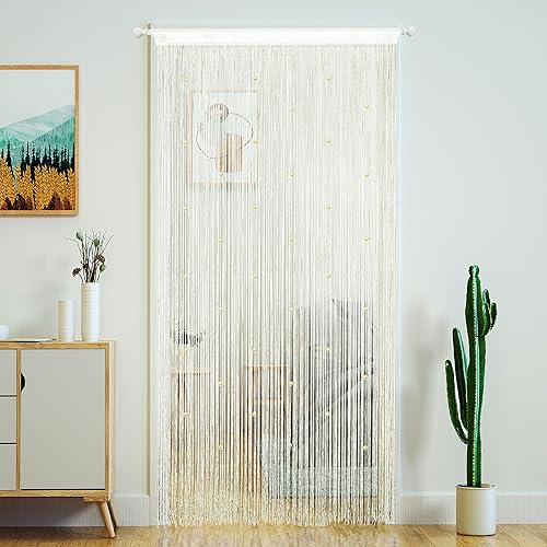 YaoYue Beaded Curtain Door String Curtains for Doorway Tassels Beads Hanging Fringe Hippie Room Divider Window Hallway Entrance Wall Closet Bedroom Privacy Decor (39×79in/100×200cm, Beige)