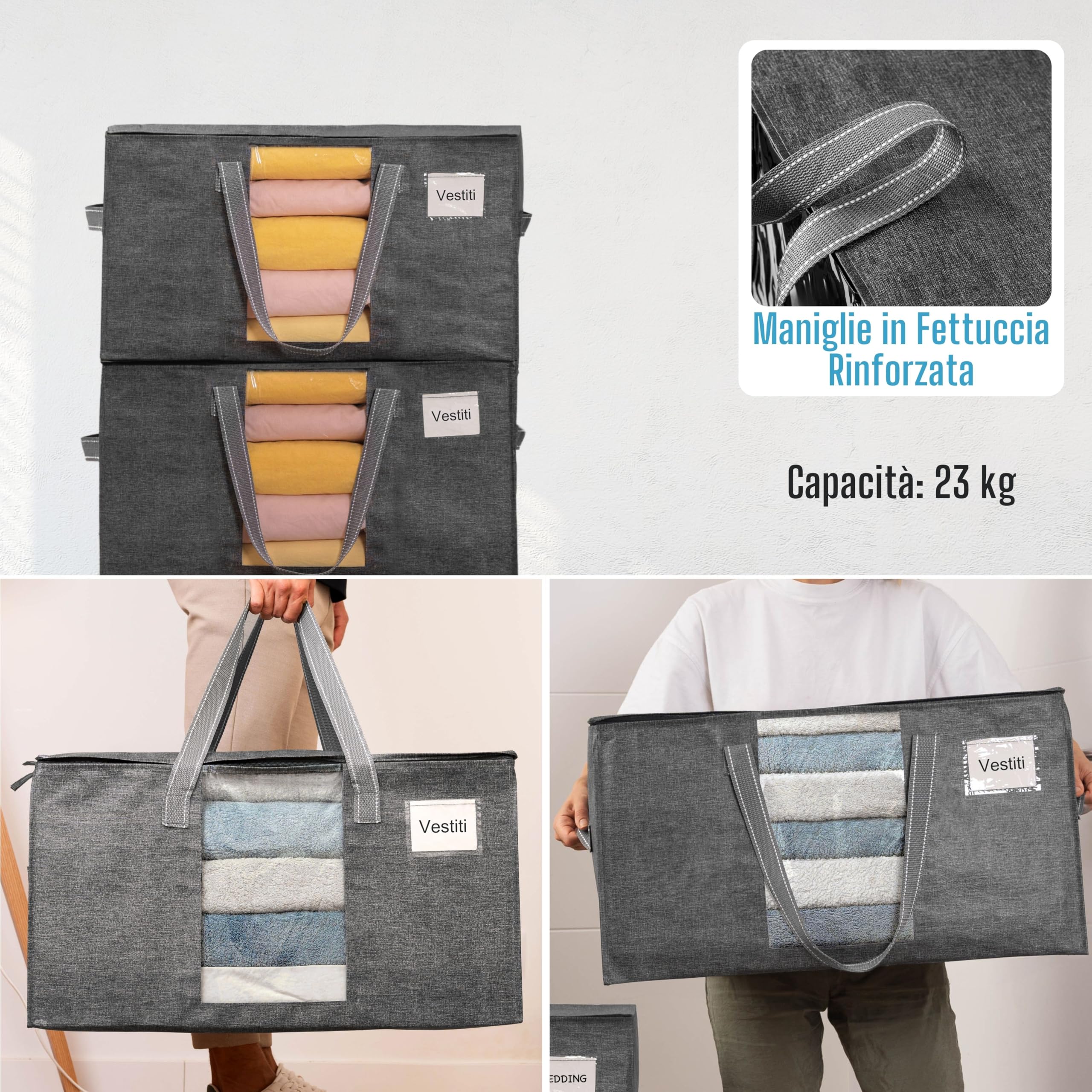 VENO 8 pezzi 76L Borse per trasloco grandi, scatole trasloco con coperchie e manici rinforzati, sacchetti di stoccaggio pieghevole per traslochi, deposito vestiti, viaggi (Nero, Set da 8)