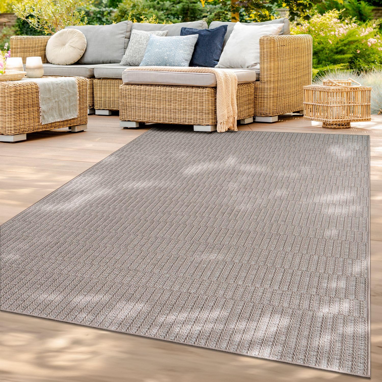 TT Home In-& Outdoorteppich Wetterfest Terrasse Balkon Esszimmer Boho Motiv Moderner Skandi Look Unifarben, Farbe:Beige, Größe:240x340 cm