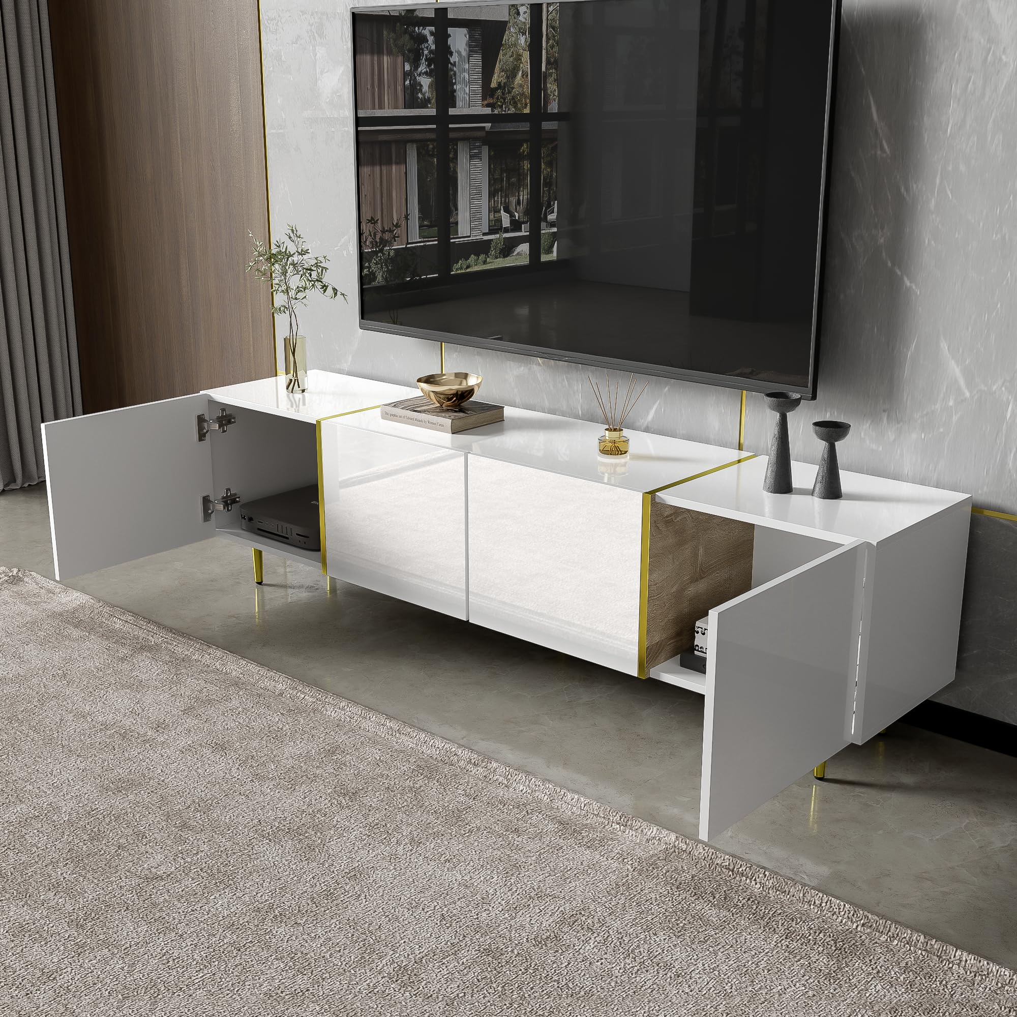 Mueble de TV de alto brillo con cuatro puertas, moderno y sencillo, color blanco