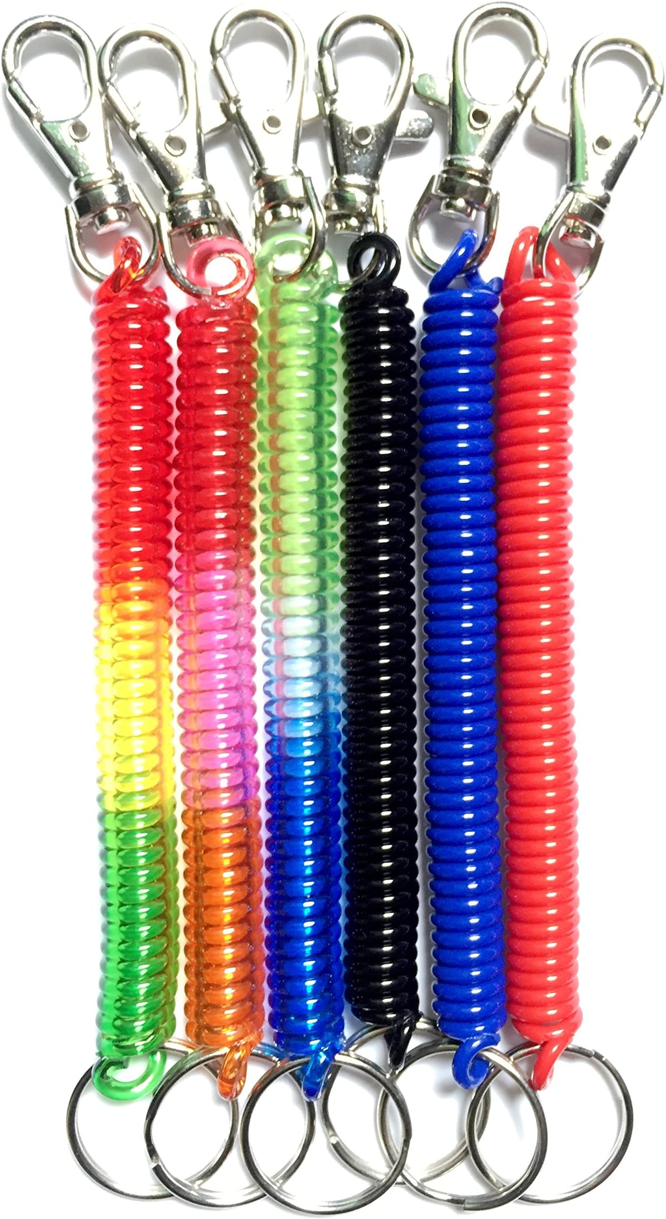 6PCS Colorful Coil Cord Lanyard Strongest Stretch Spring Keychain Long Elastic Coil Keychain Safety Finshing Ropes with Stainless Steel Clip for Home, Office, Gym