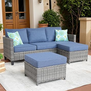 ovios Patio Sofa 3 Pieces Patio Furniture Set Outdoor Wicker Sofa Couch with Ottomans Thick Cushions, All Weather Rattan Conversation Set for Porch Backyard Deck, Denim Blue