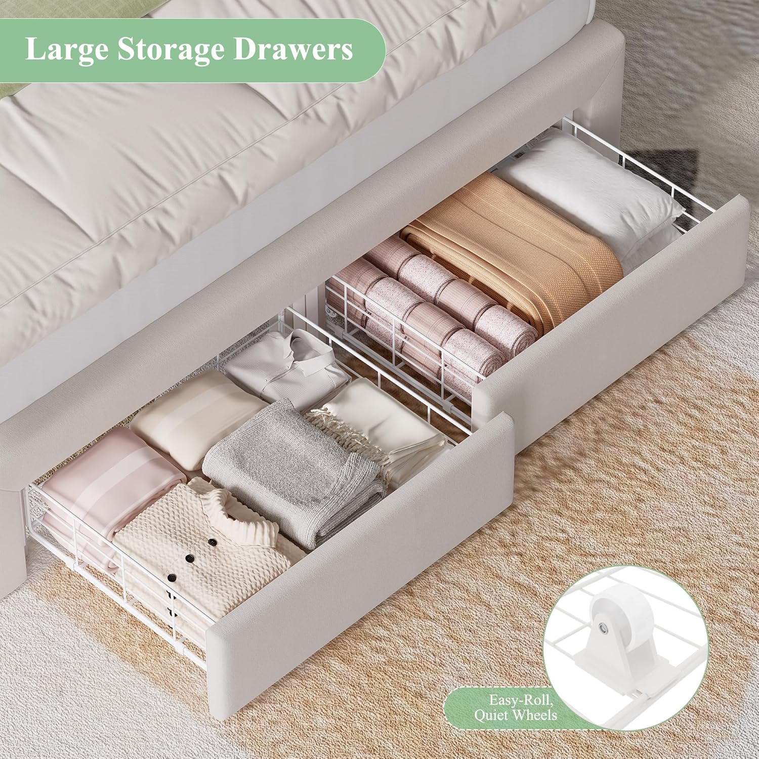 Keyluv Queen Size Smart LED Bed Frame with Storage Bookcase Headboard & Charging Station Velvet Upholstered Platform Bed with 2 Drawers & USB Ports, Sturdy Metal Support, No Box Spring Required, Beige